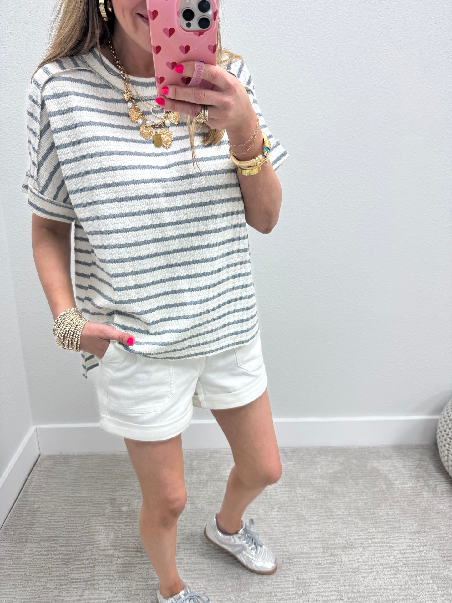 Blue Grey Stripe Jacquard Round Neck Box Tee