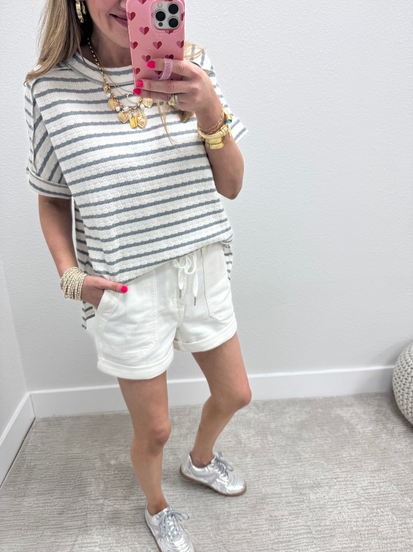 Blue Grey Stripe Jacquard Round Neck Box Tee