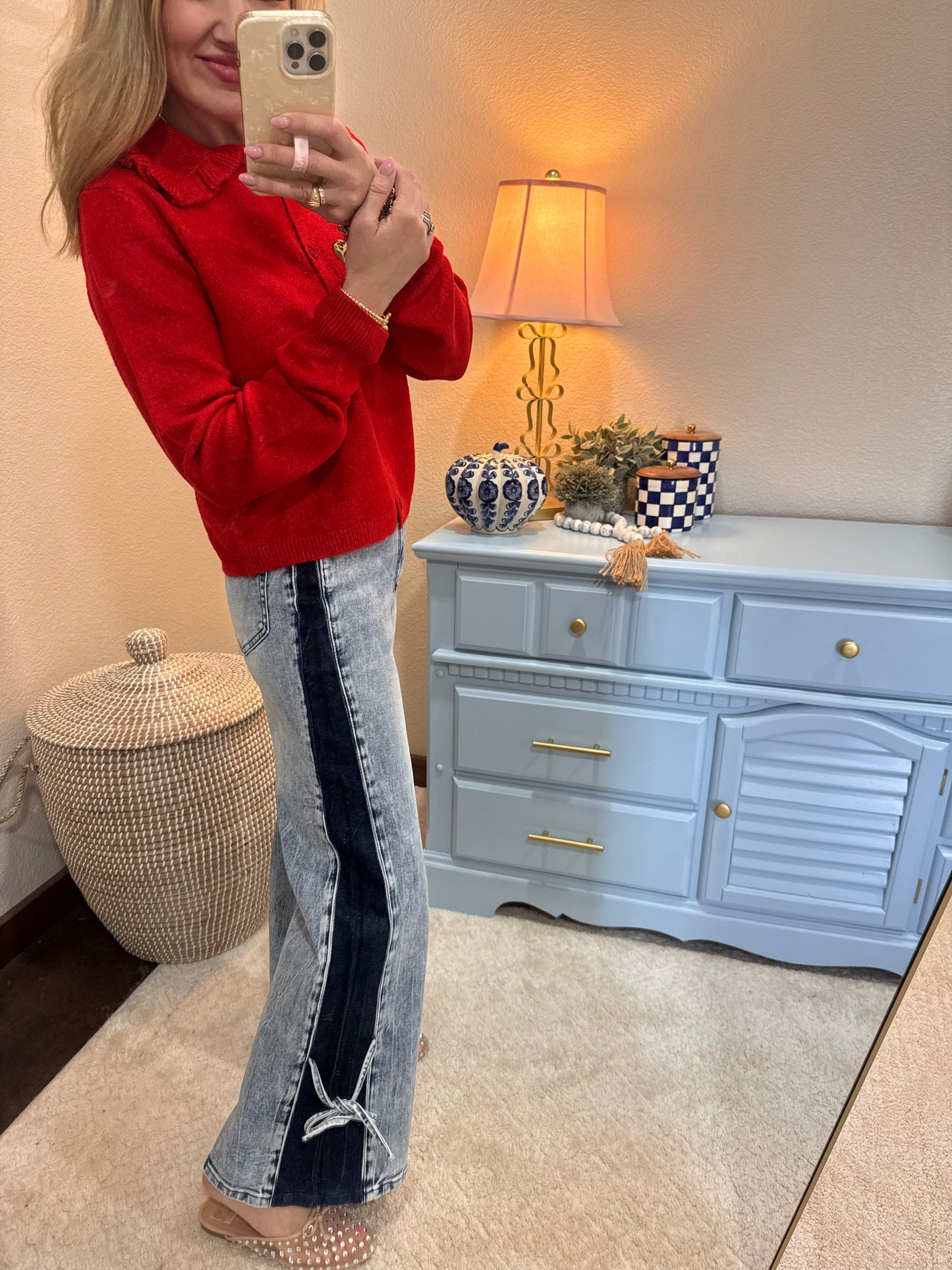 High Rise Contrast Wide Leg With Tie Jeans