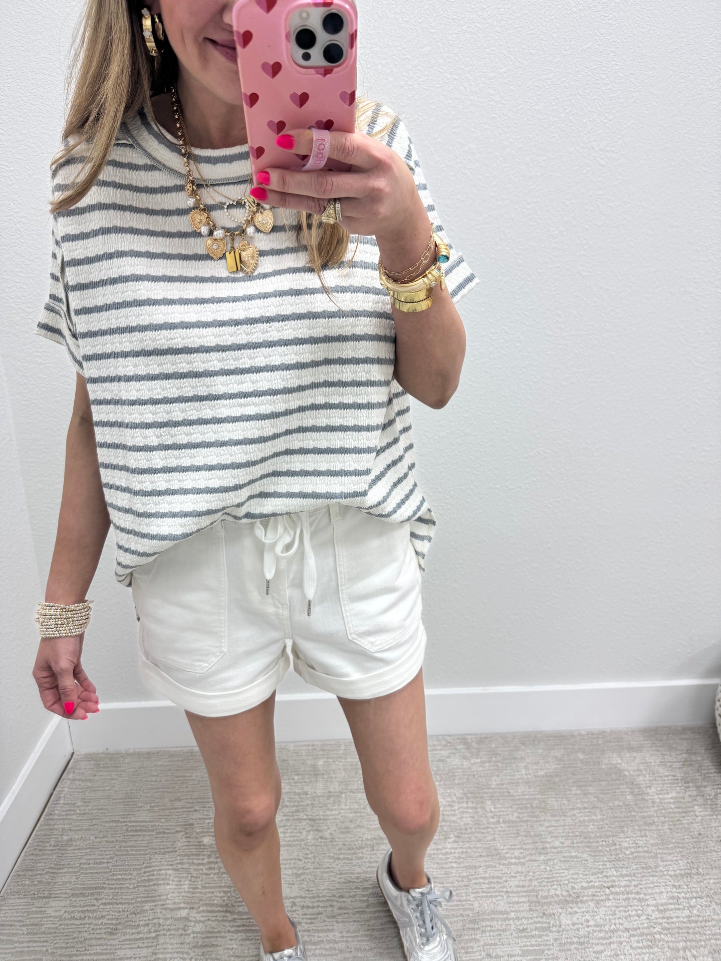 Blue Grey Stripe Jacquard Round Neck Box Tee