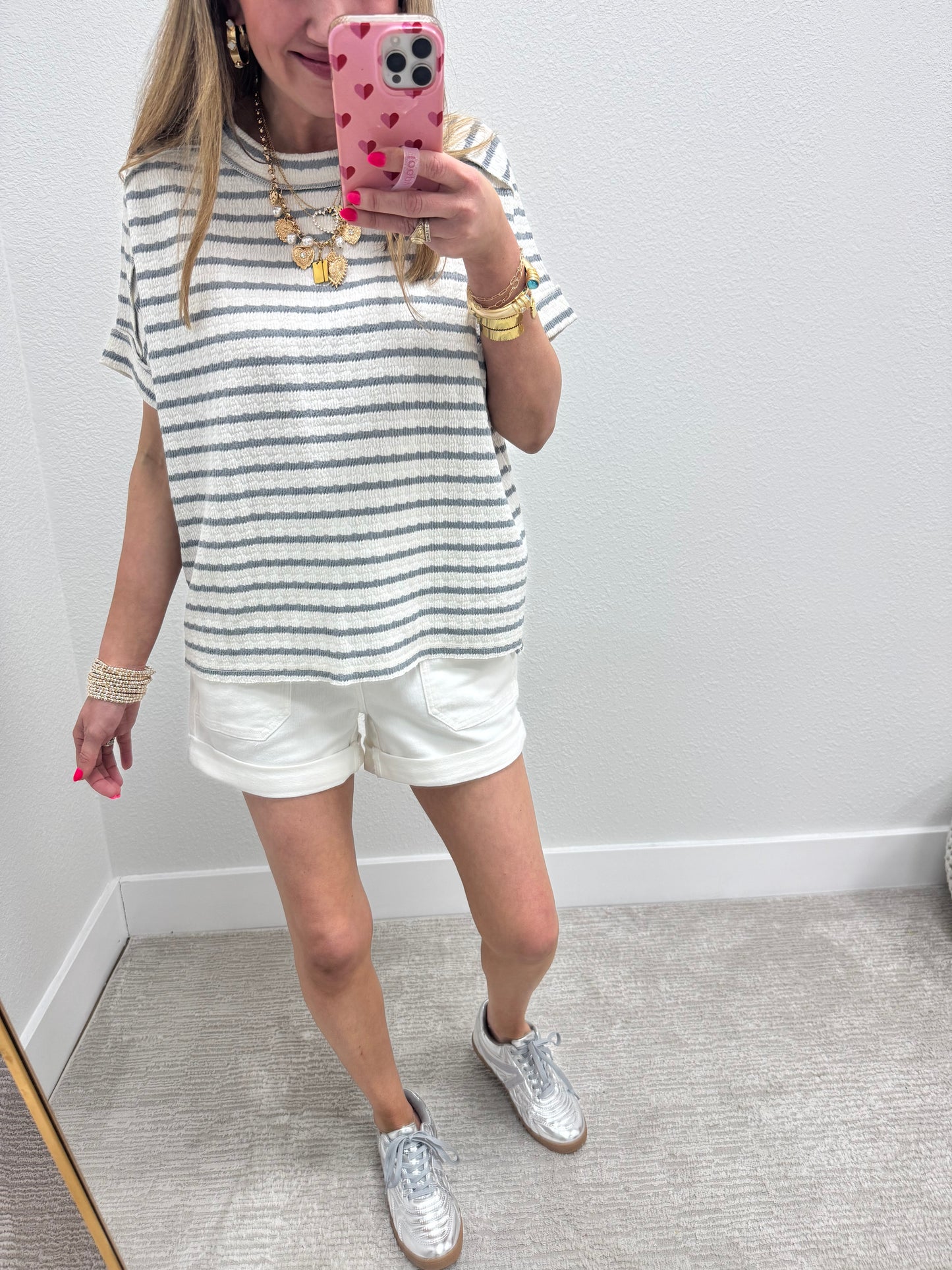 Blue Grey Stripe Jacquard Round Neck Box Tee