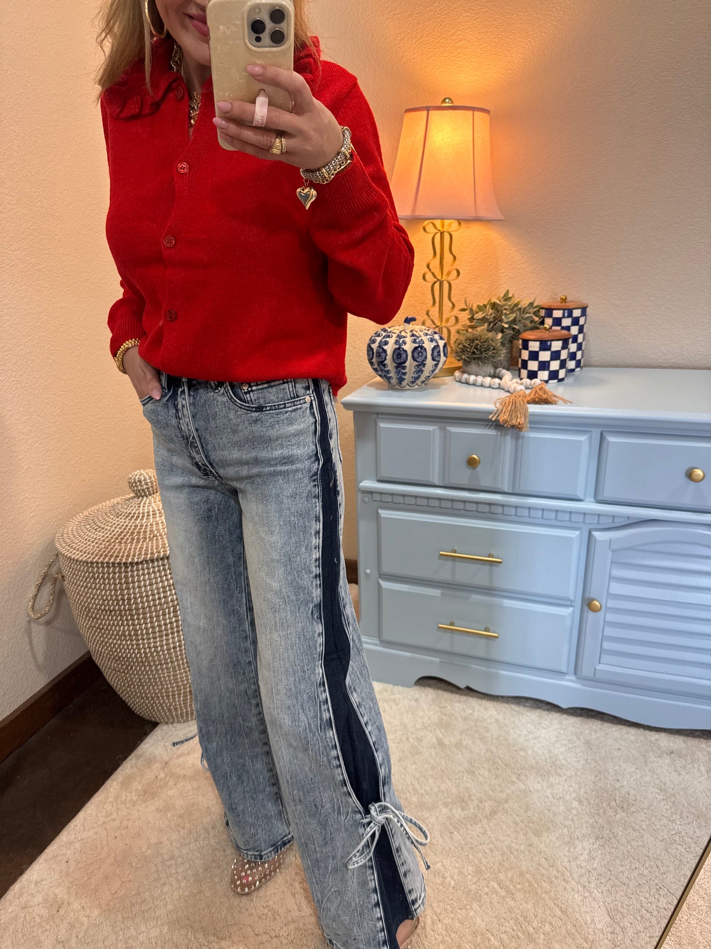 High Rise Contrast Wide Leg With Tie Jeans