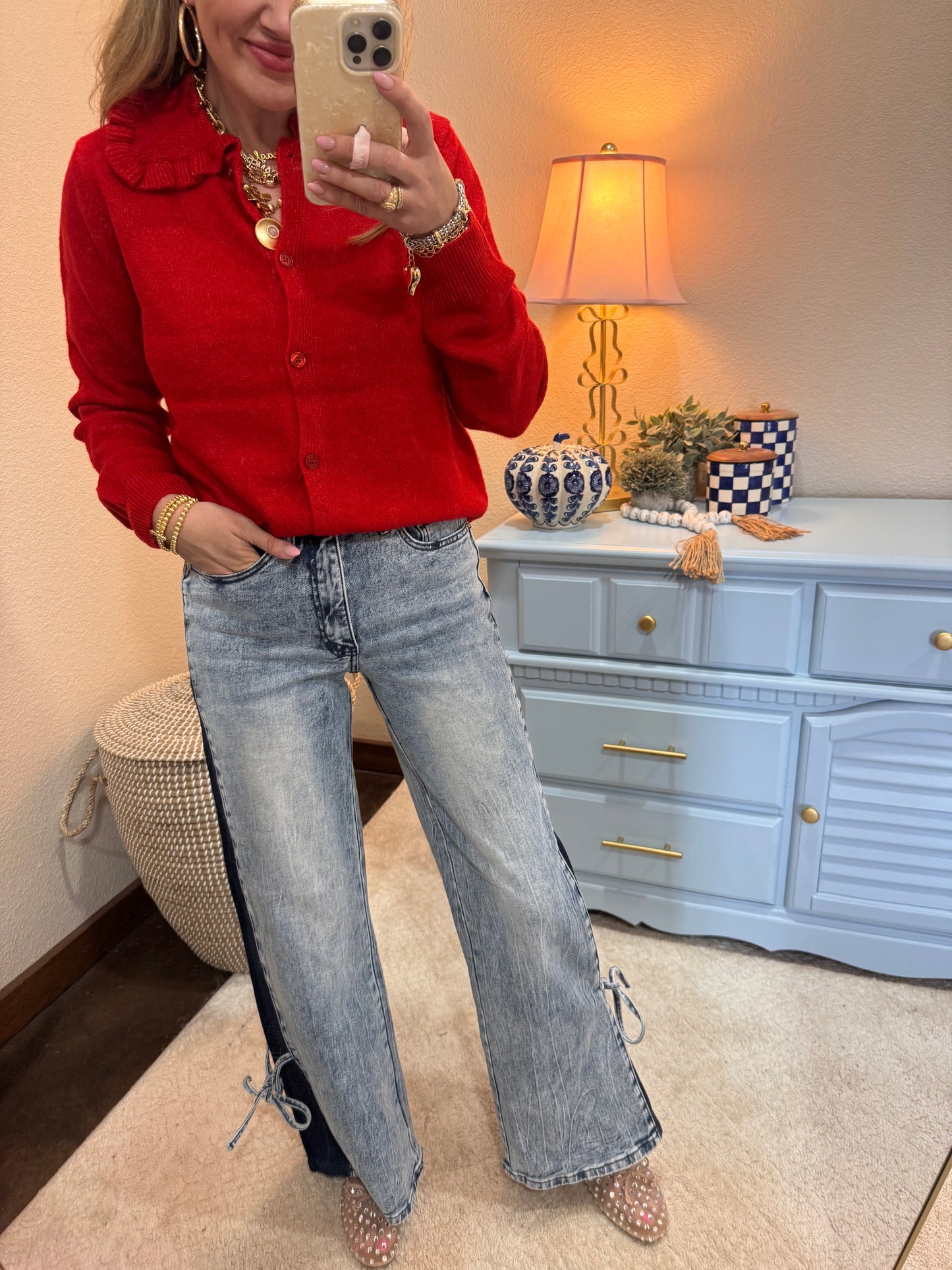 High Rise Contrast Wide Leg With Tie Jeans