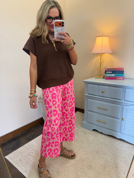 Pink Neon Leopard Cropped Wide Leg Pants