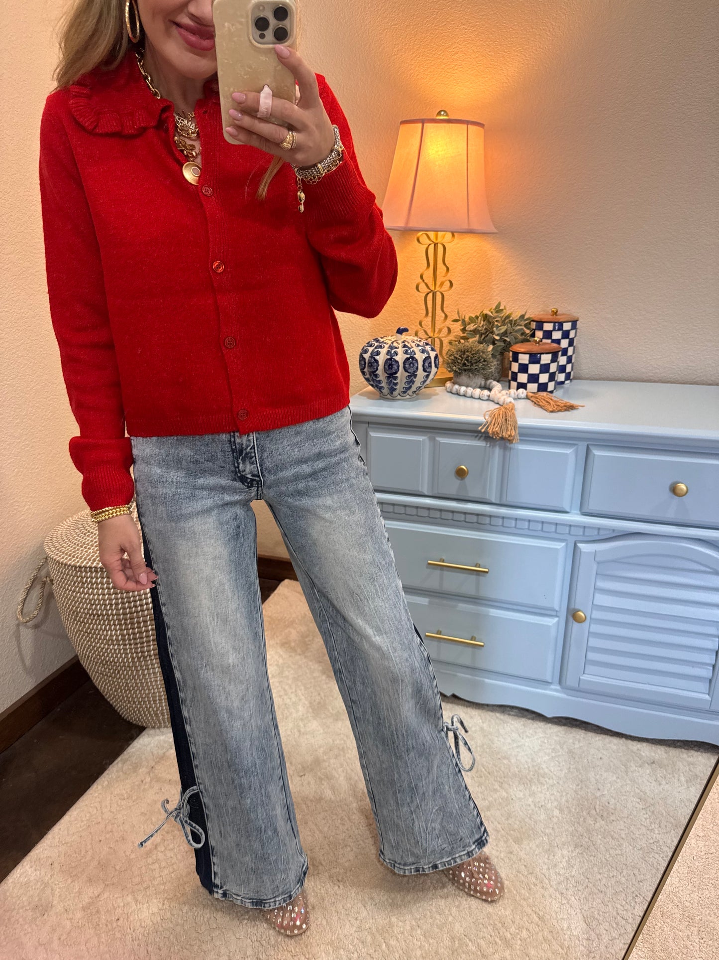 High Rise Contrast Wide Leg With Tie Jeans
