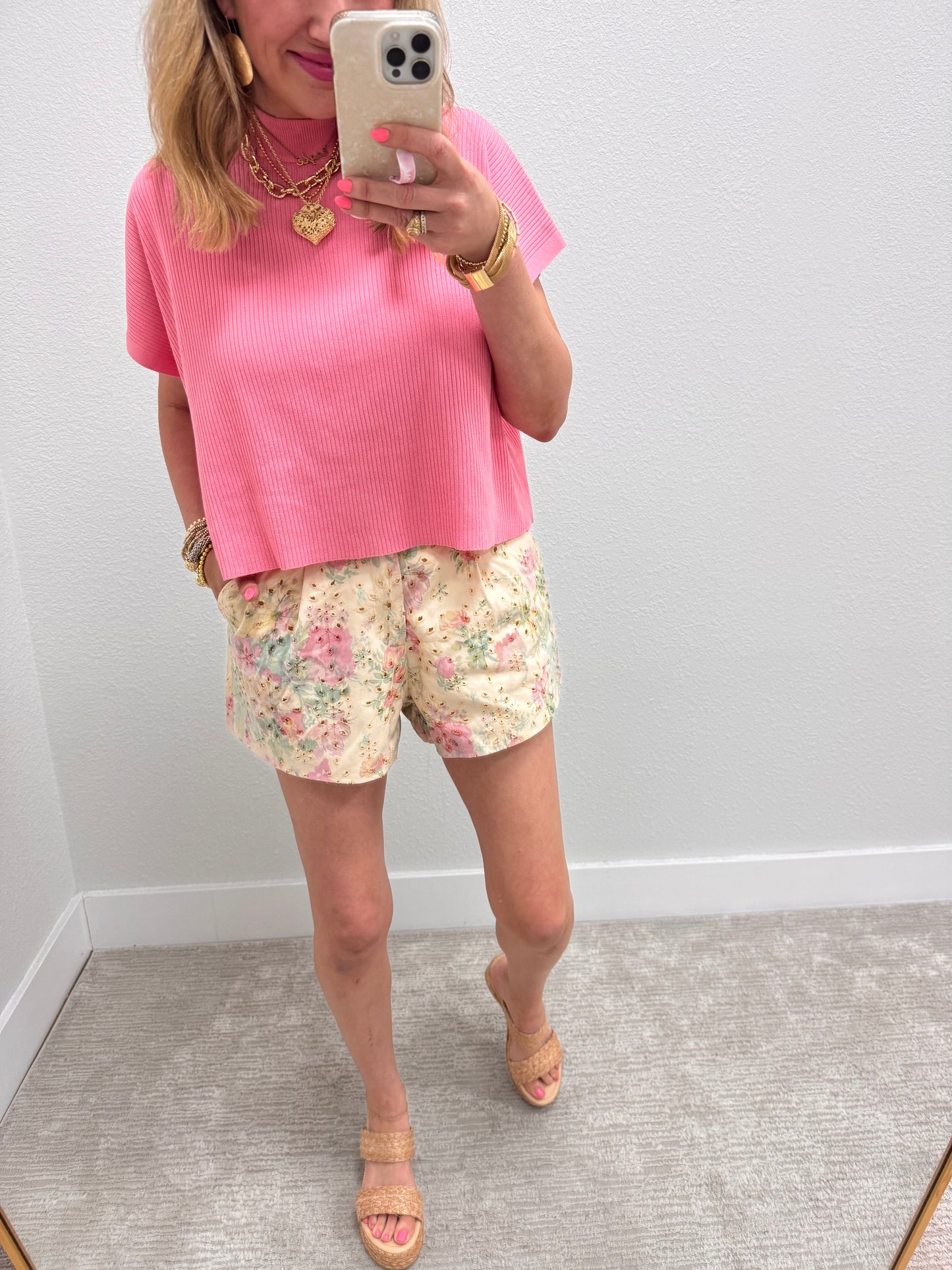 Pink High Neck Ribbed Swing Top
