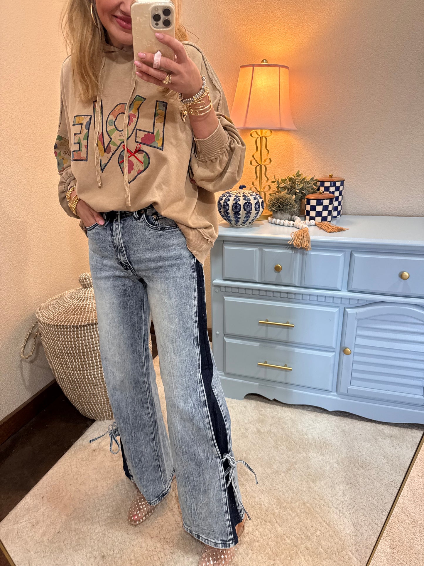 High Rise Contrast Wide Leg With Tie Jeans