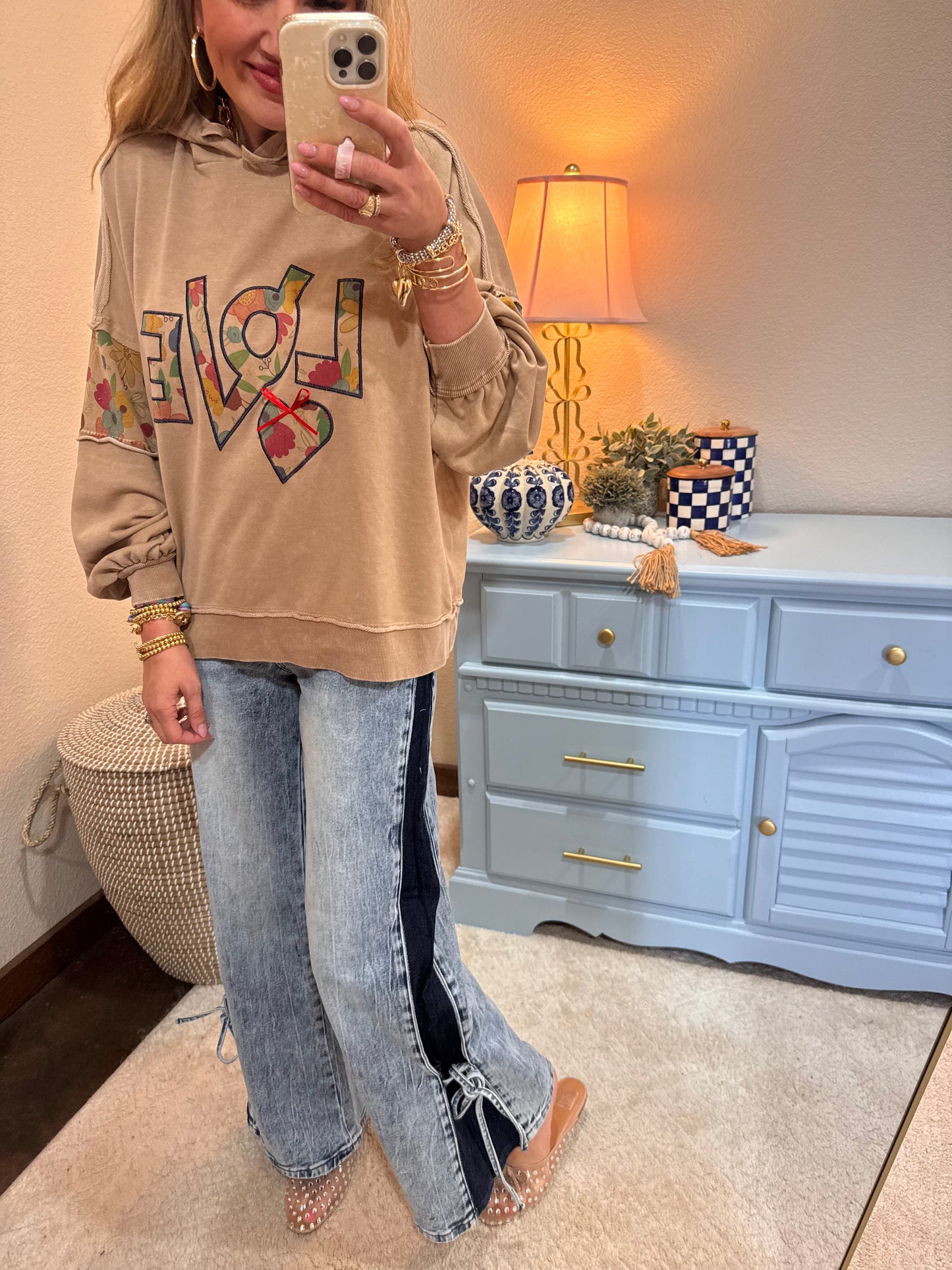 High Rise Contrast Wide Leg With Tie Jeans