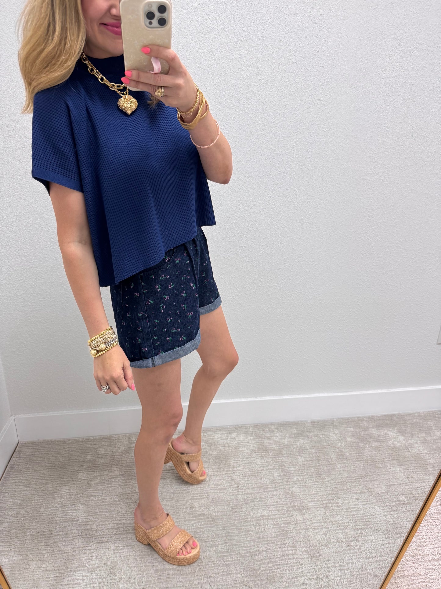 Navy High Neck Ribbed Swing Top