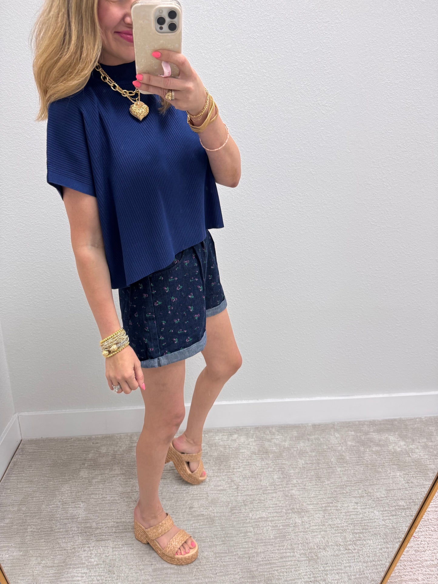 Navy High Neck Ribbed Swing Top