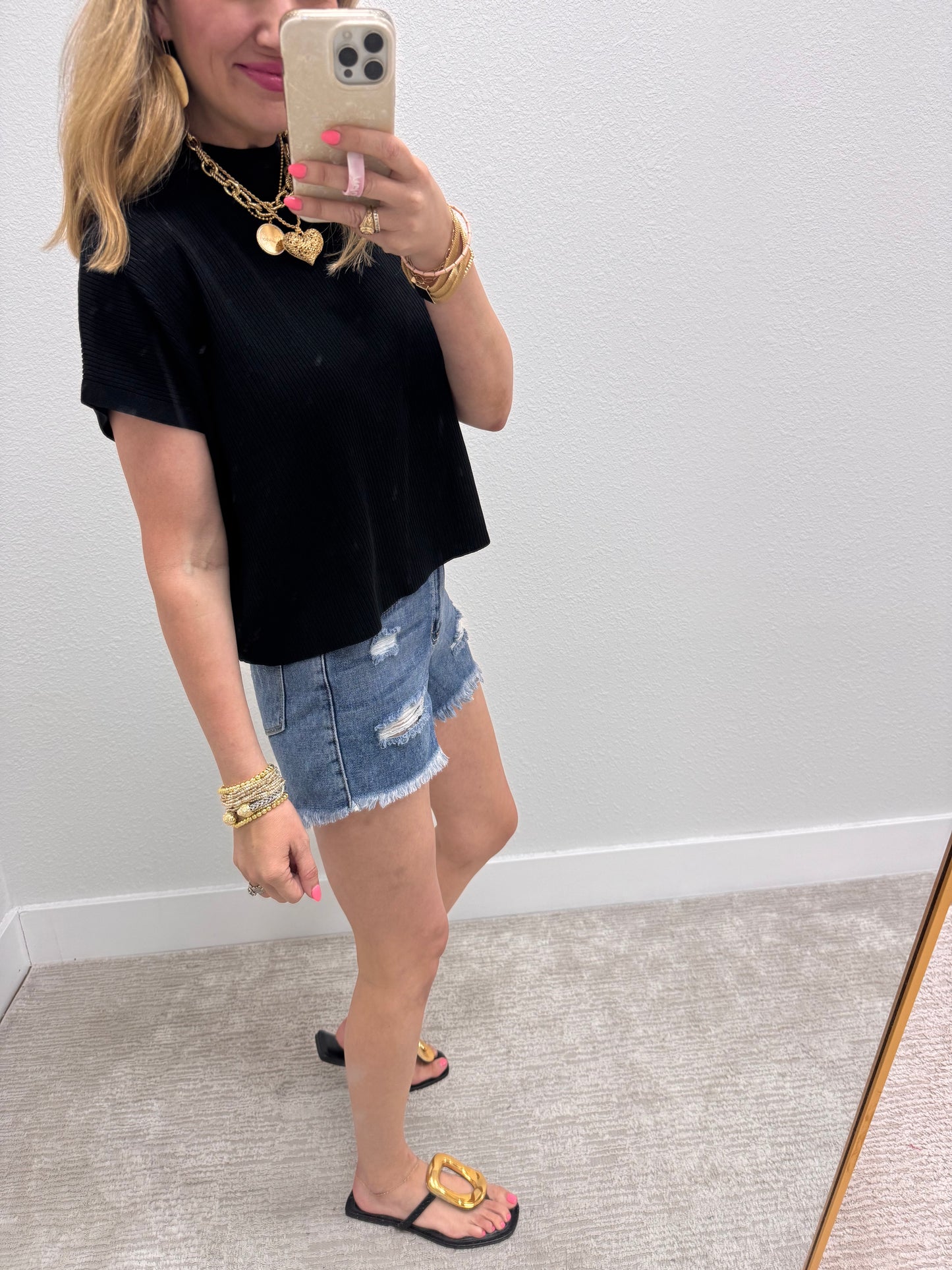 Black High Neck Ribbed Swing Top