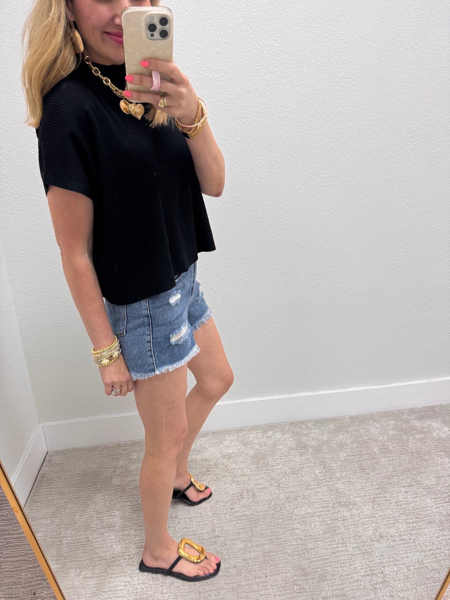 Black High Neck Ribbed Swing Top
