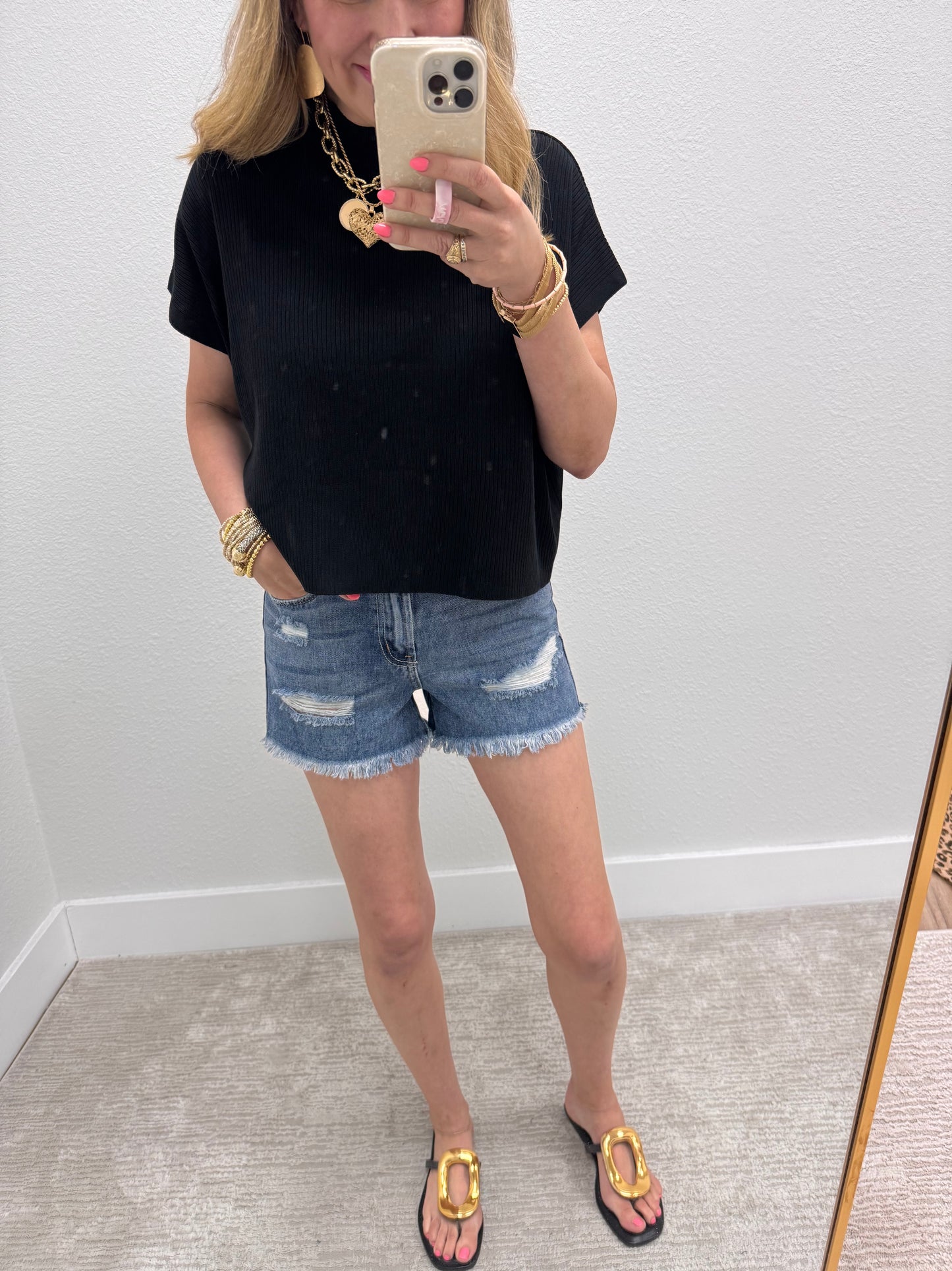 Black High Neck Ribbed Swing Top