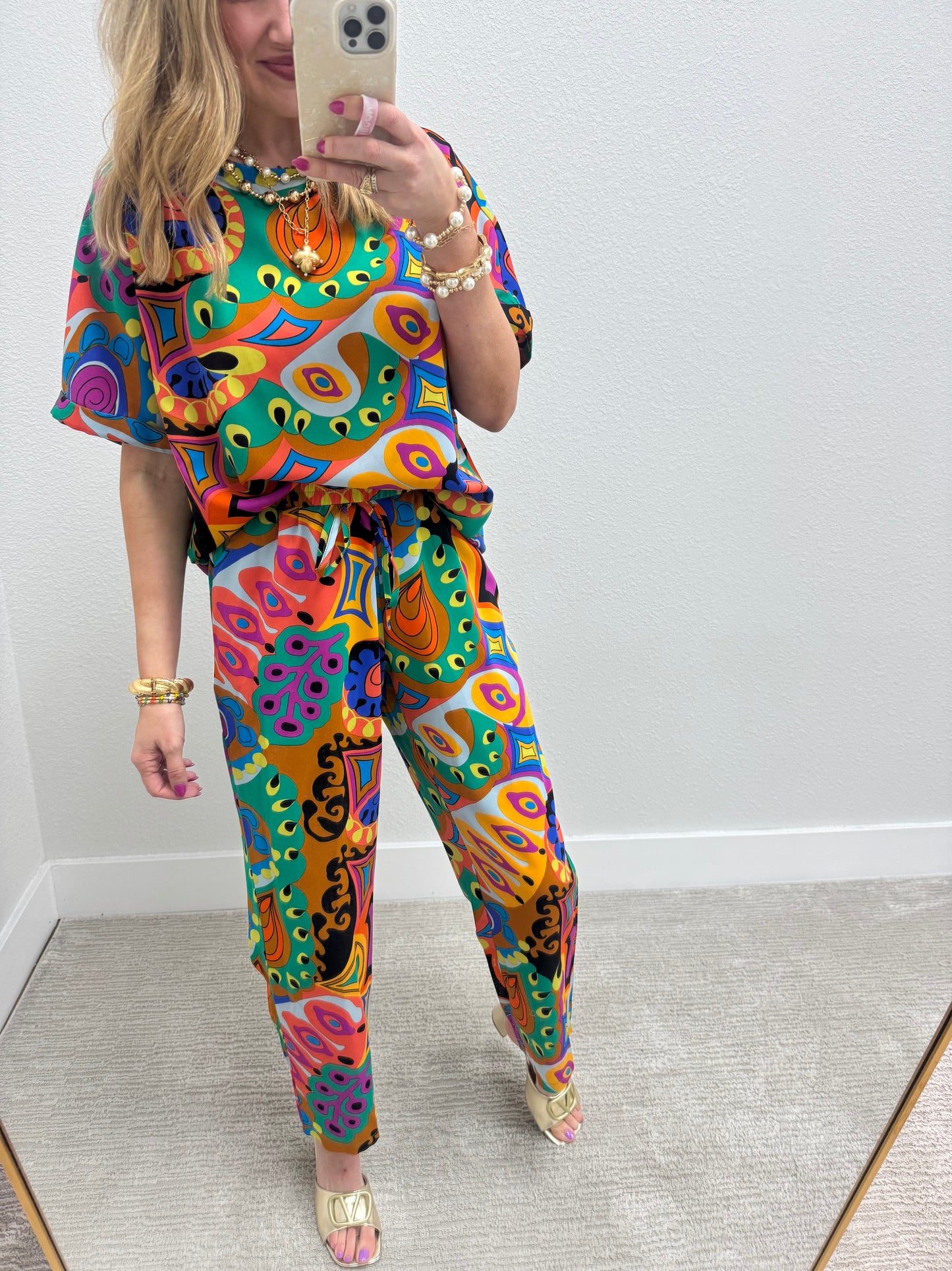 Multi Colored Print Two Piece Pant Set