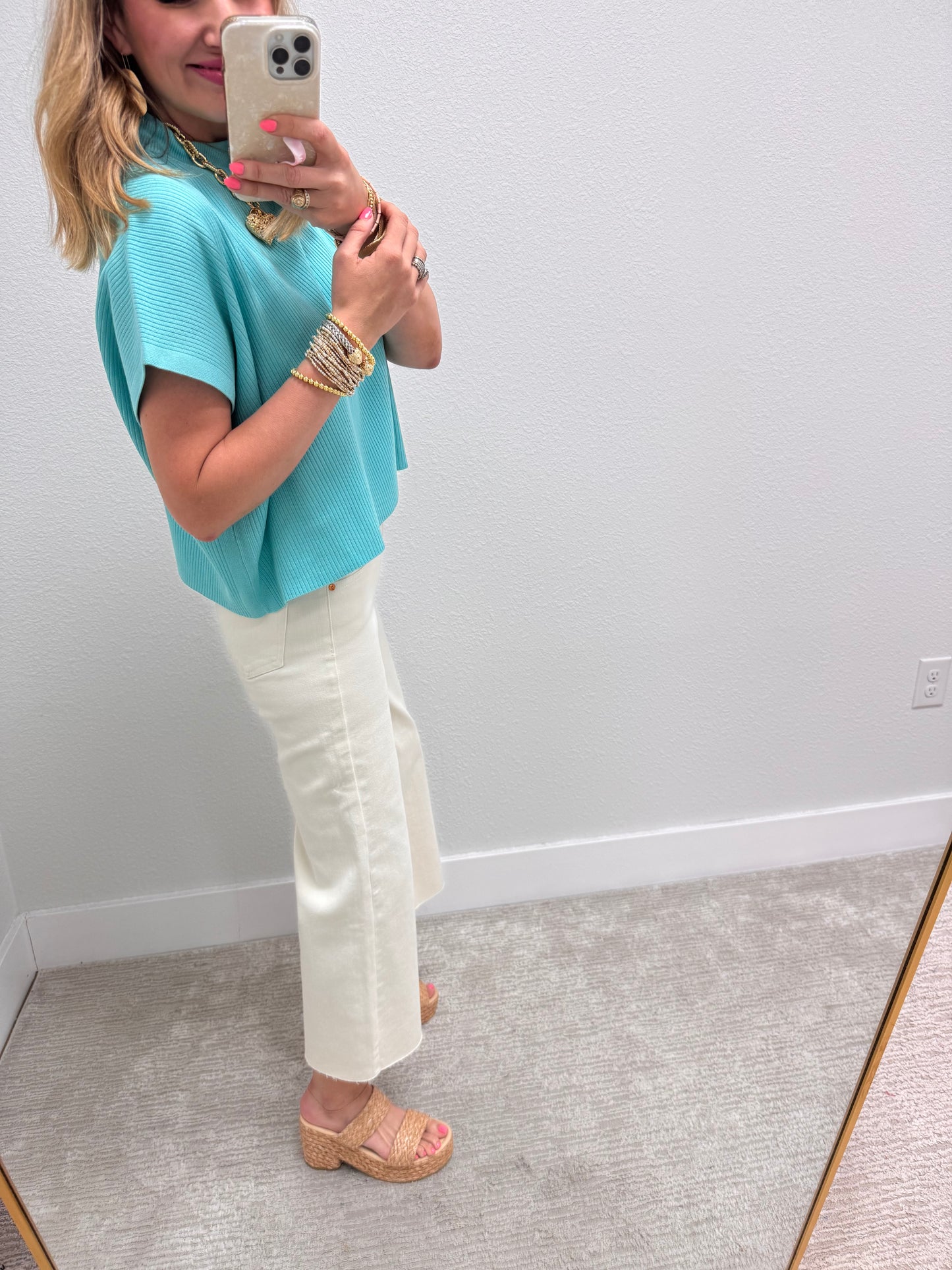Mint Sky High Neck Ribbed Swing Top