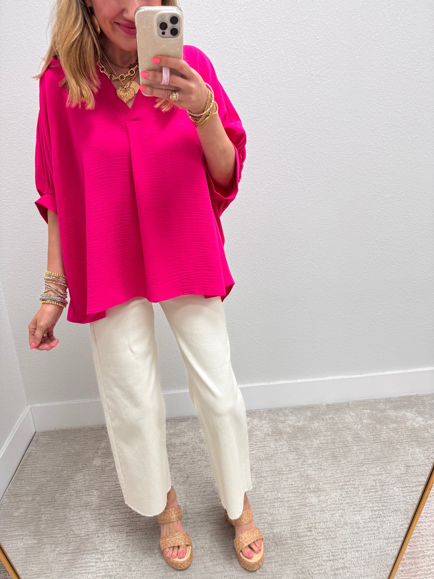 Hot Pink V-neck Dolman Sleeve Top