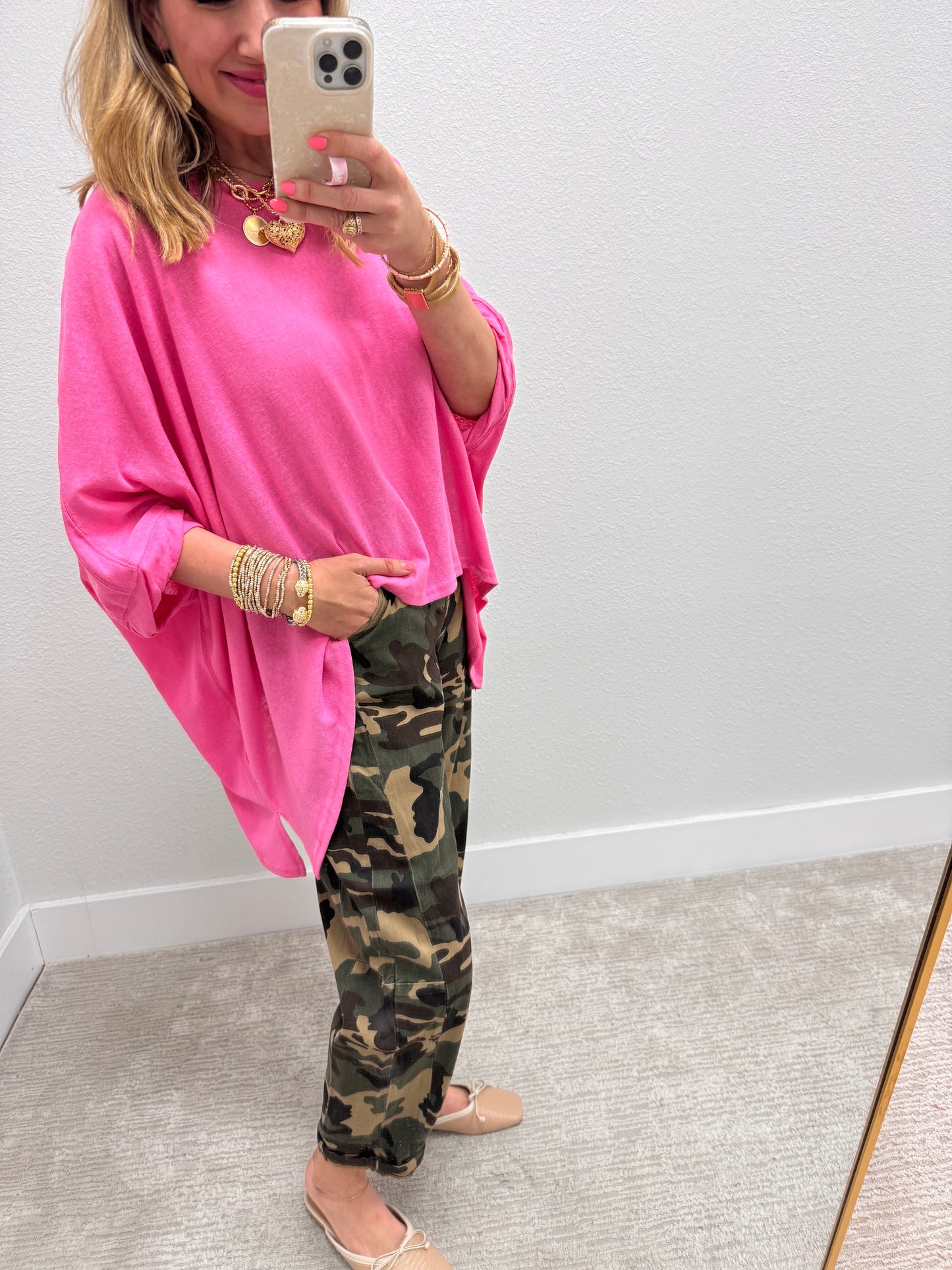 Oversized Pink Solid Asymmetrical Short Sleeve Top