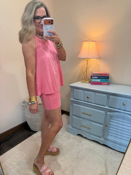 Strawberry Pink Sleeveless Round Neck Top & Shorts Set