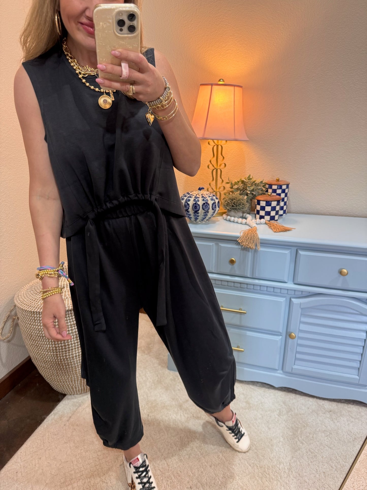 Charcoal Cinch Tie Top and Pants Set
