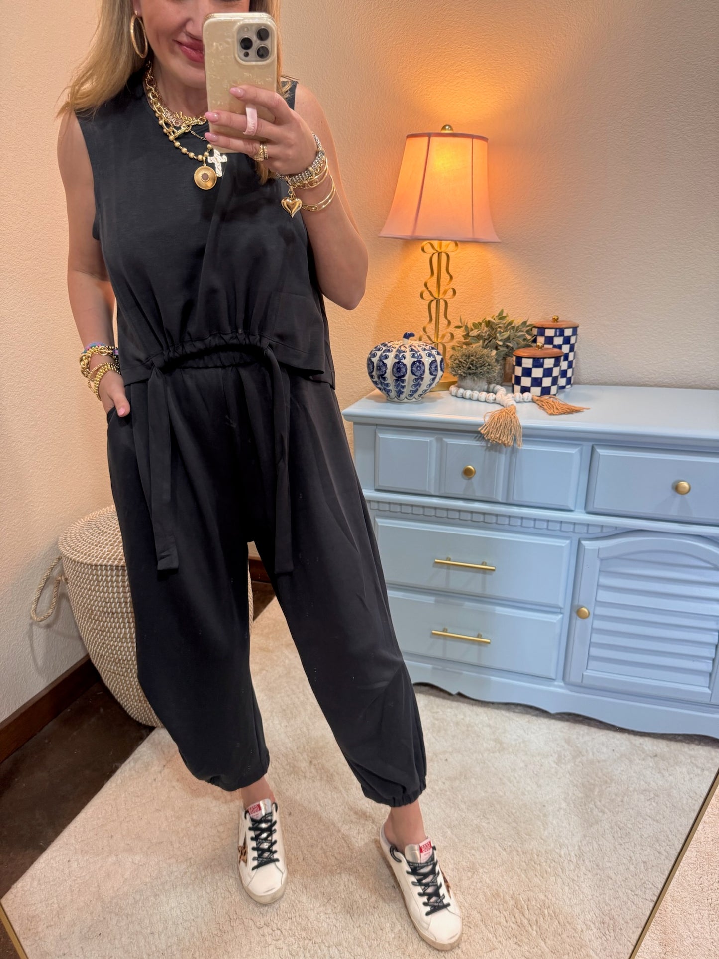 Charcoal Cinch Tie Top and Pants Set