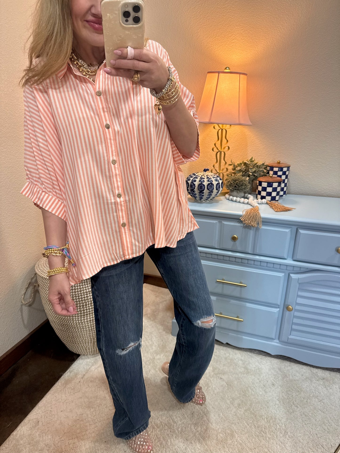 Coral Striped Dolman Sleeve Top