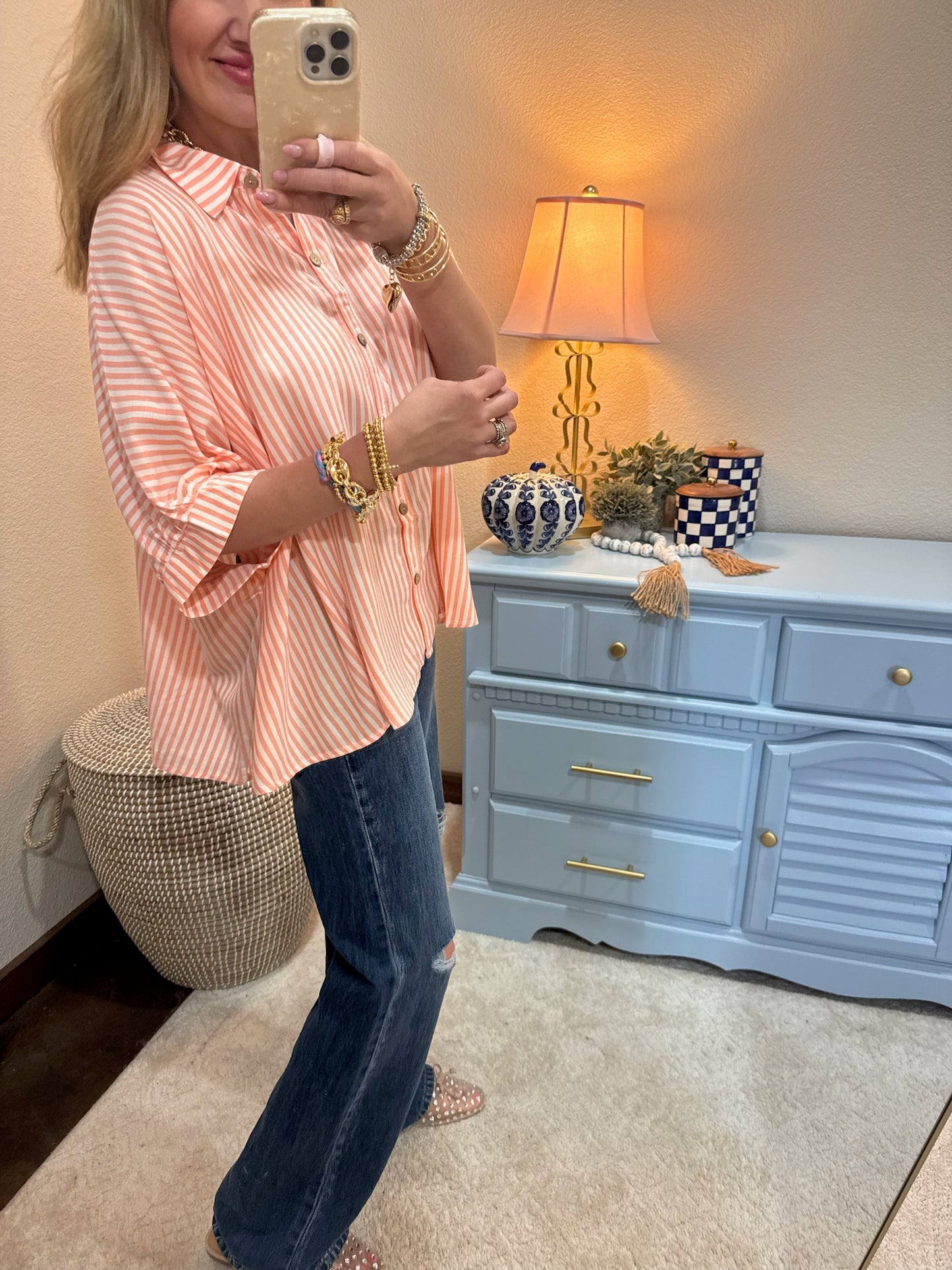 Coral Striped Dolman Sleeve Top