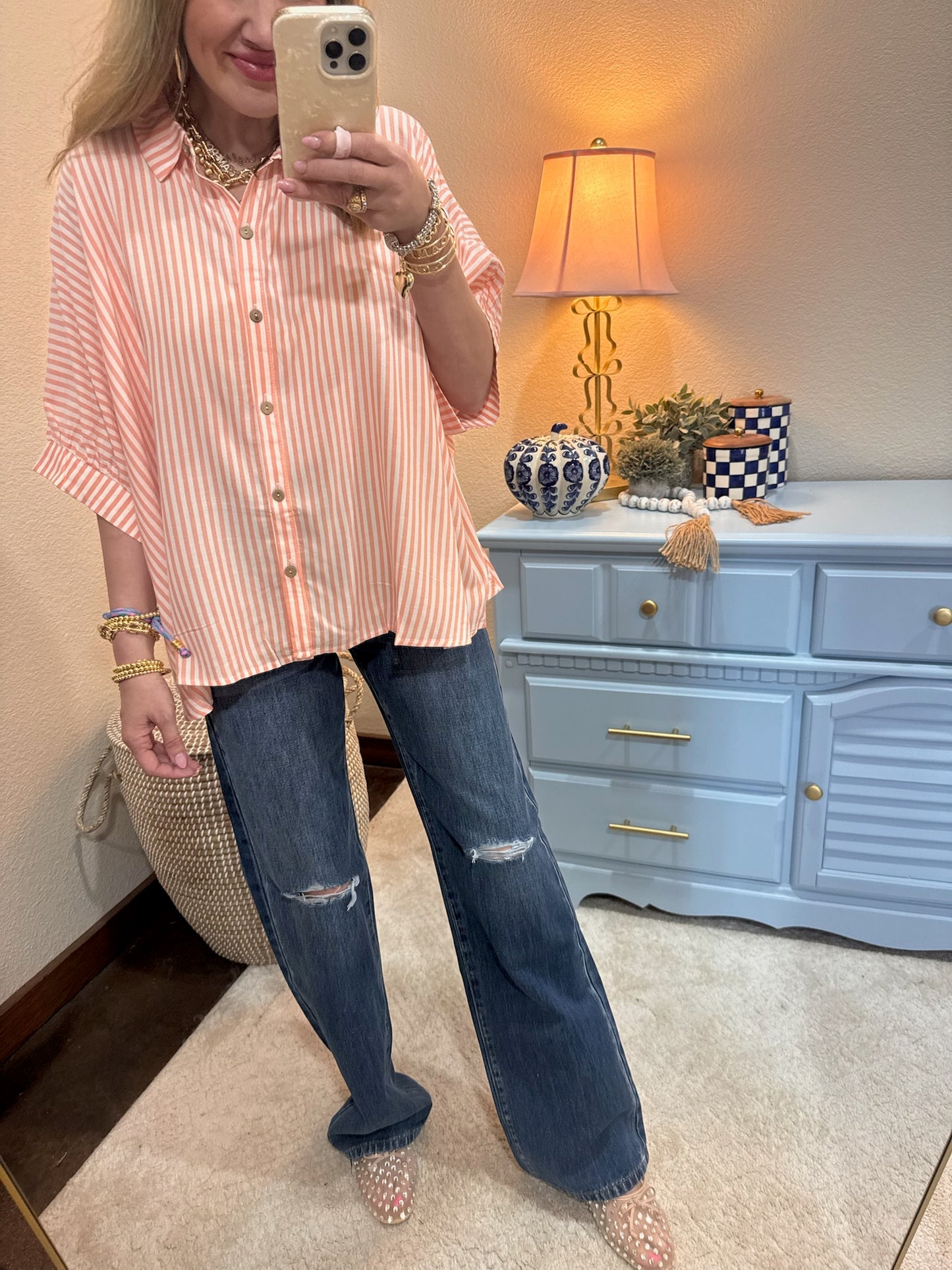 Coral Striped Dolman Sleeve Top