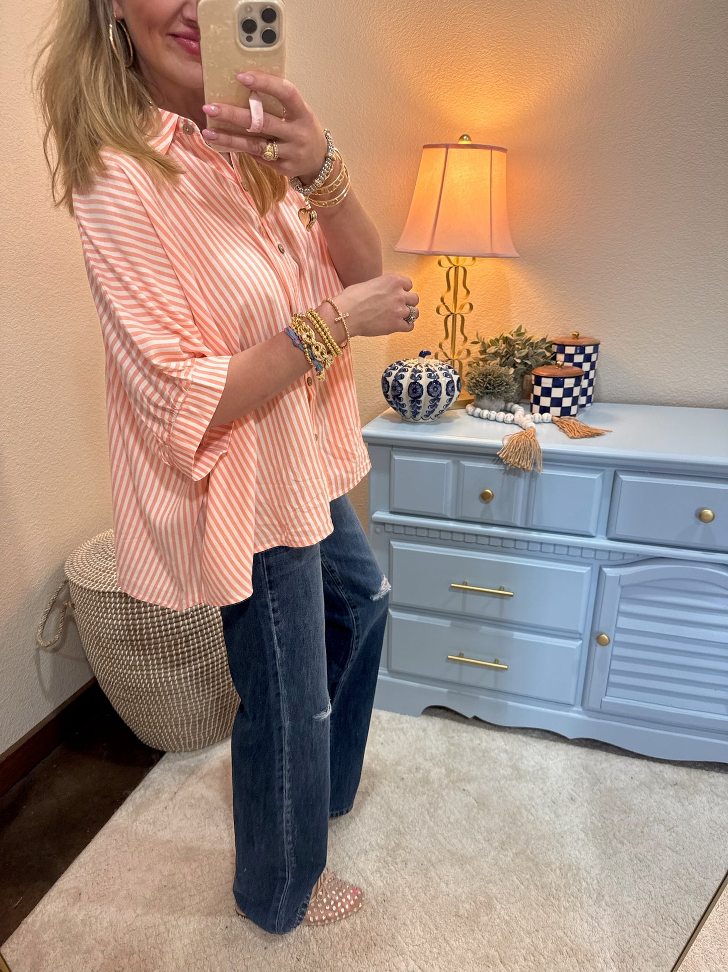 Coral Striped Dolman Sleeve Top