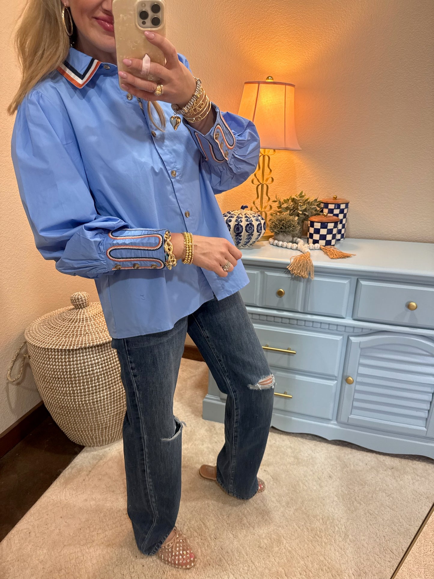 Blue Embroidery Accent Button Down Shirt