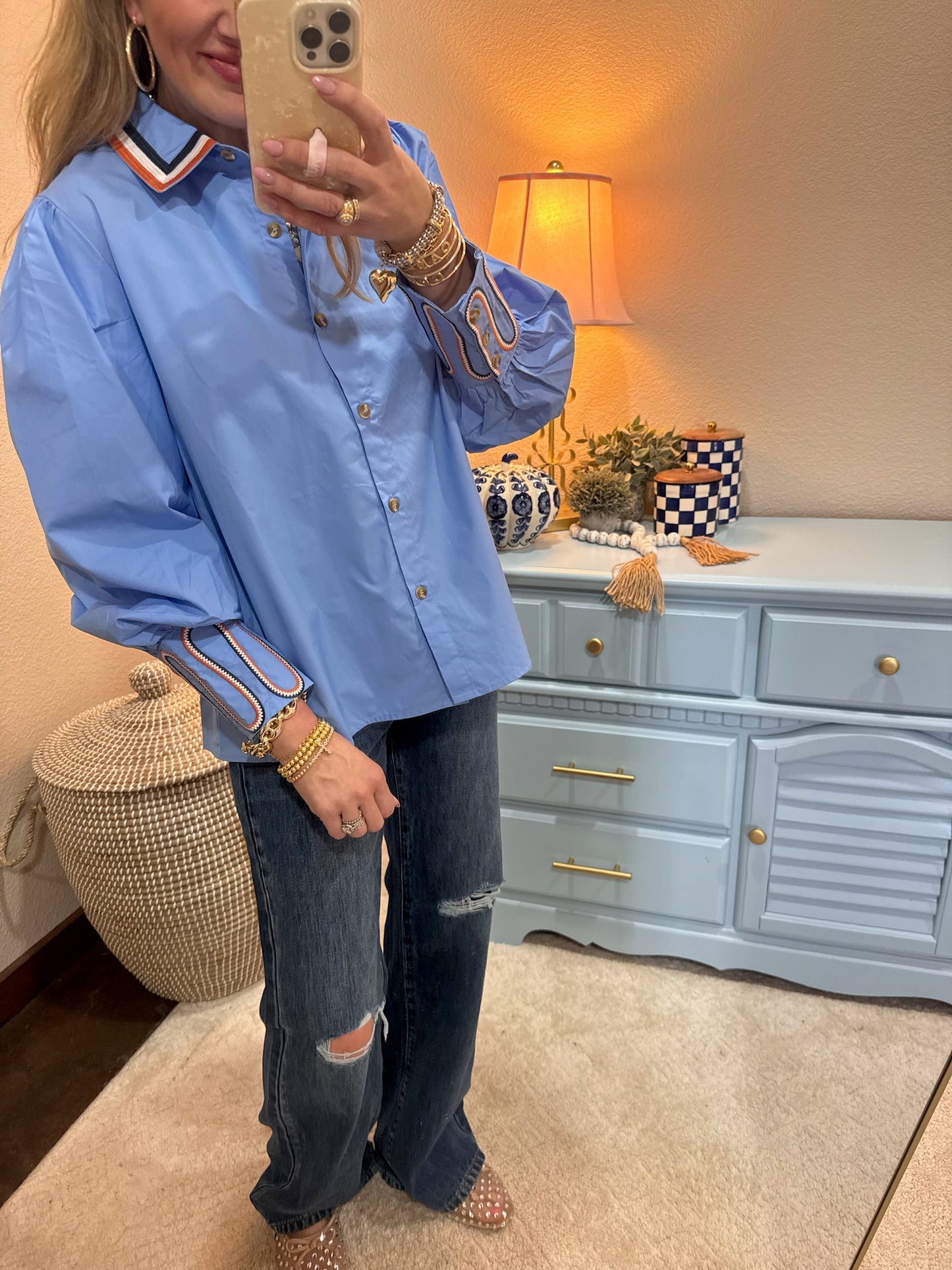 Blue Embroidery Accent Button Down Shirt