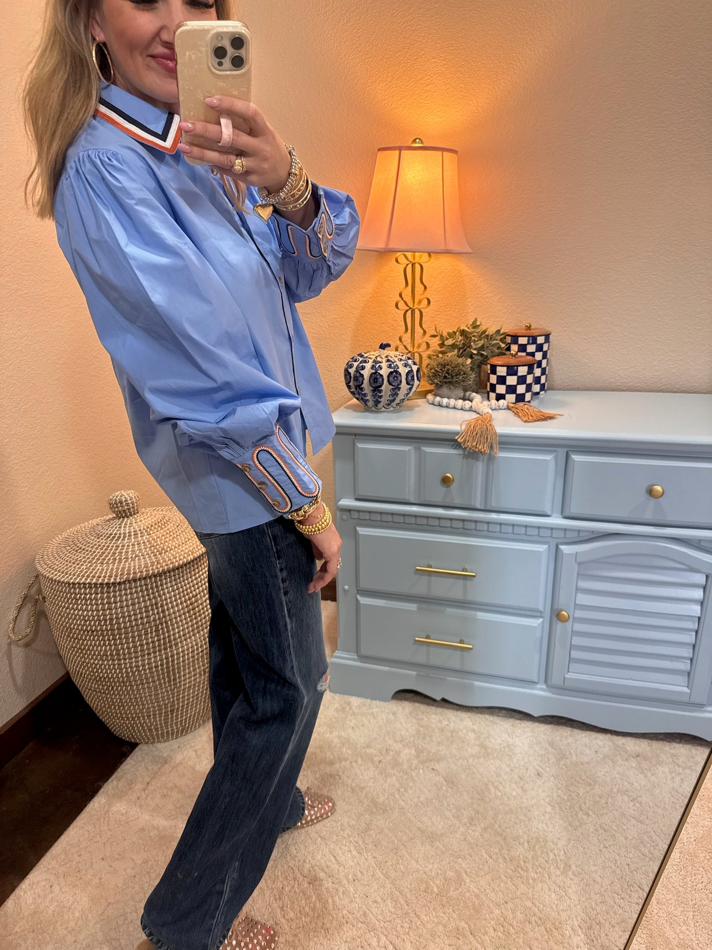 Blue Embroidery Accent Button Down Shirt