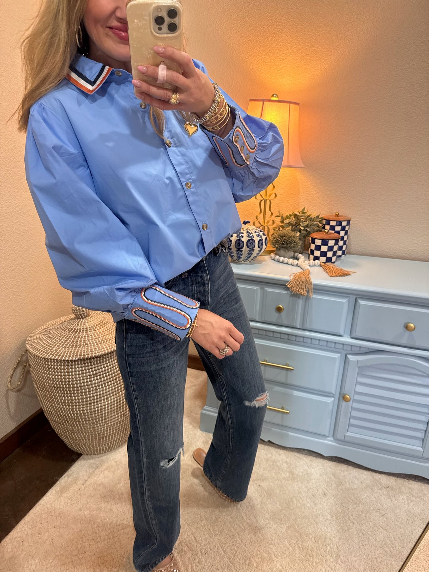 Blue Embroidery Accent Button Down Shirt
