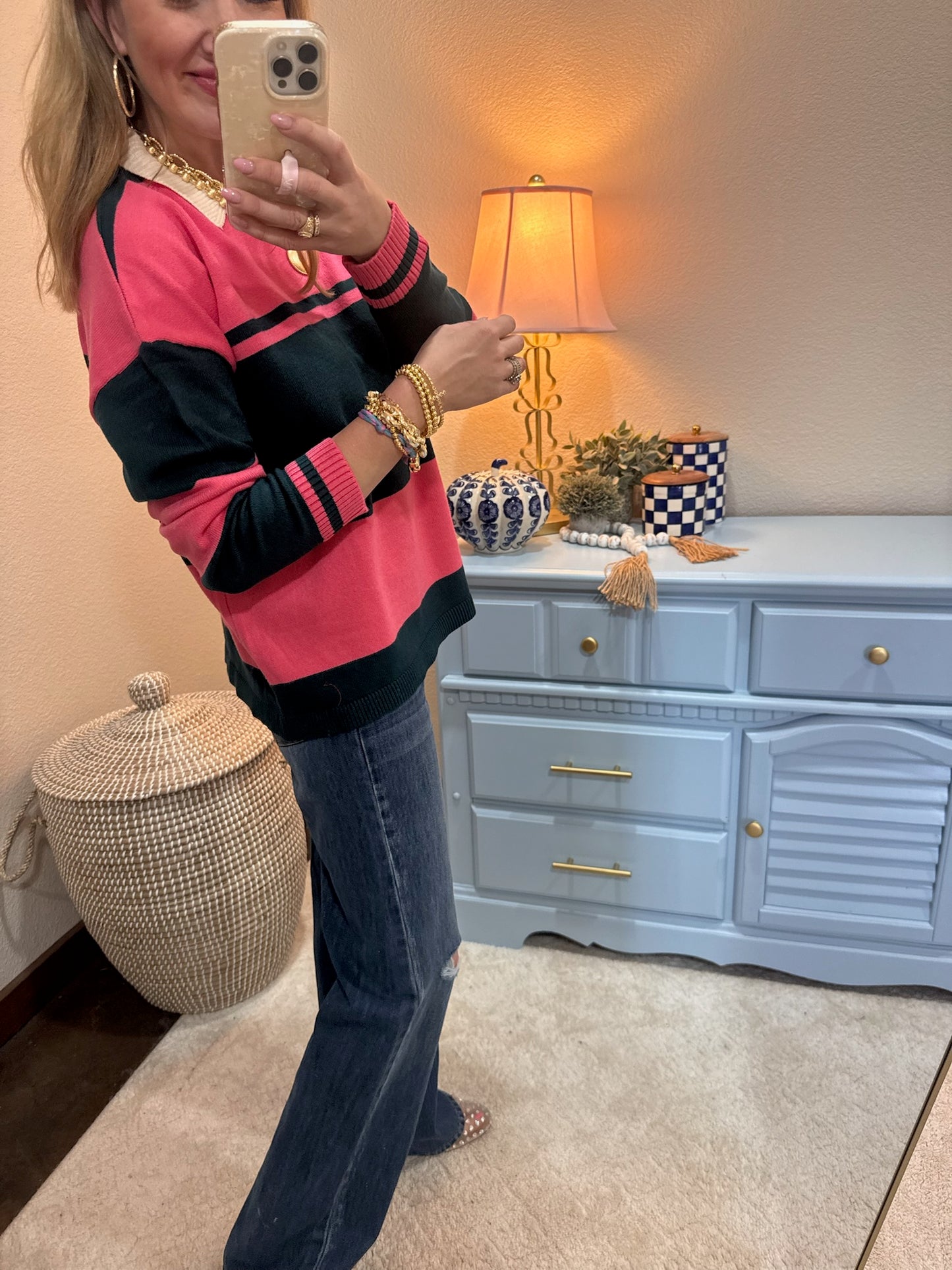 Evergreen/Pink Contrasting Striped Sweater with Polo Collar