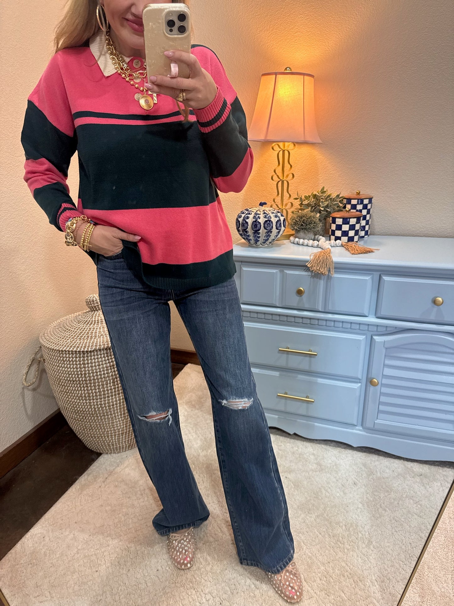 Evergreen/Pink Contrasting Striped Sweater with Polo Collar
