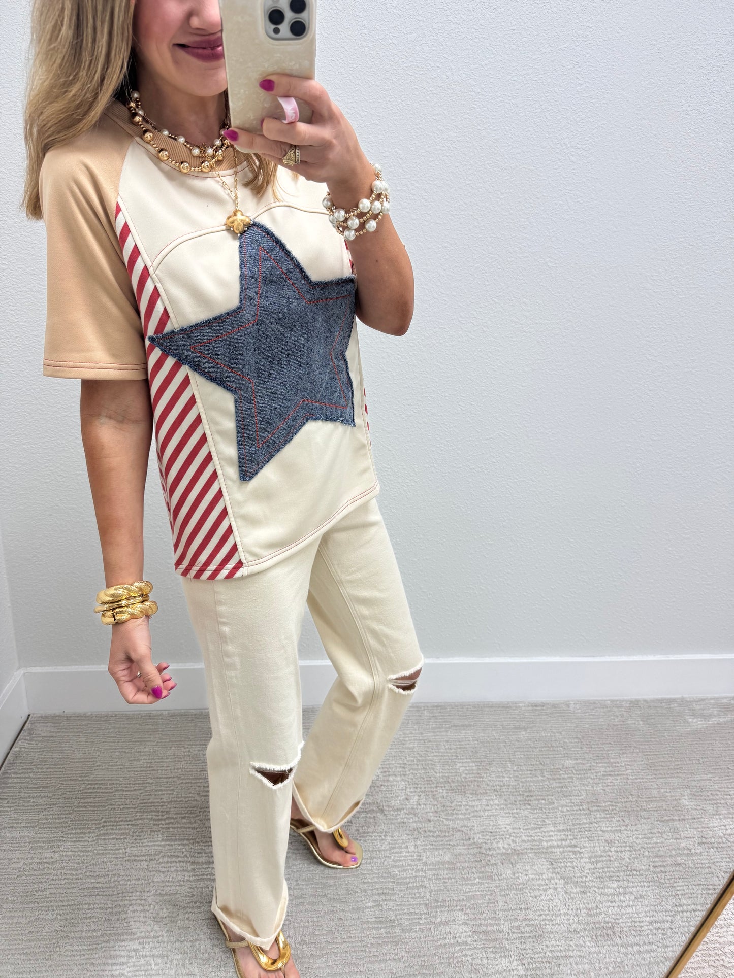Cream and Denim Mix Star Short Sleeve