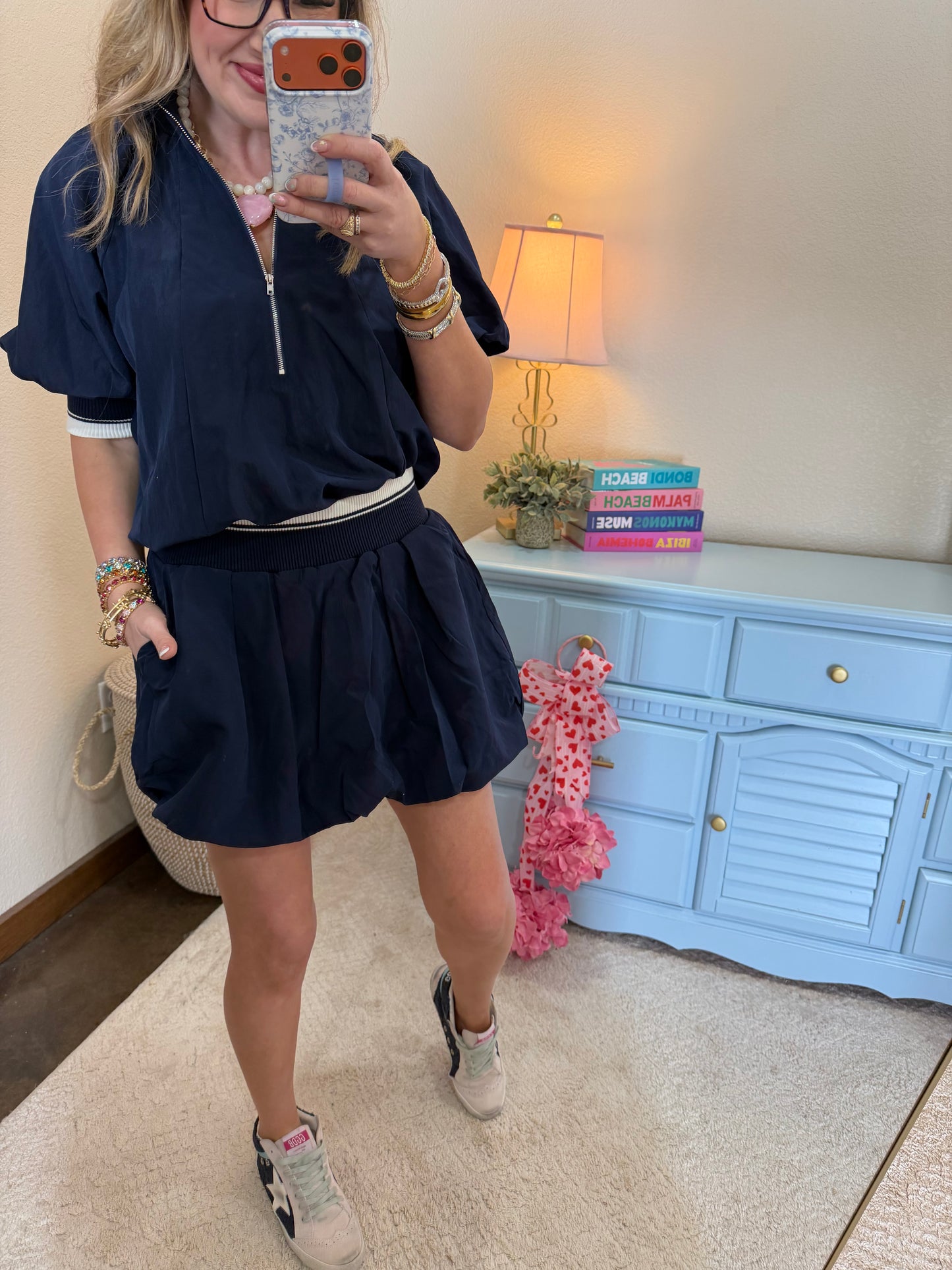 Navy High Low Collar Top