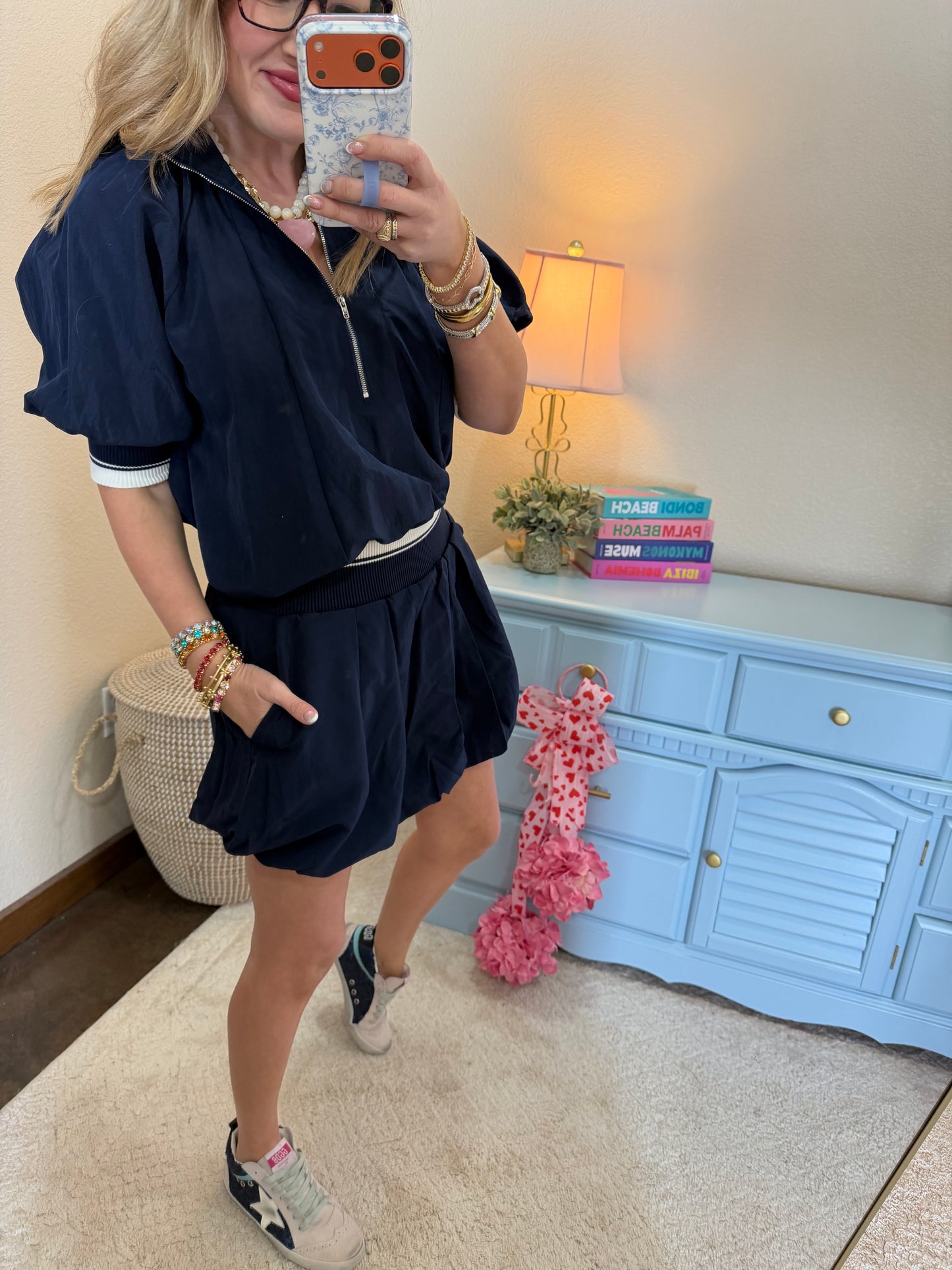 Navy Waist Rib Band Bubble Skort