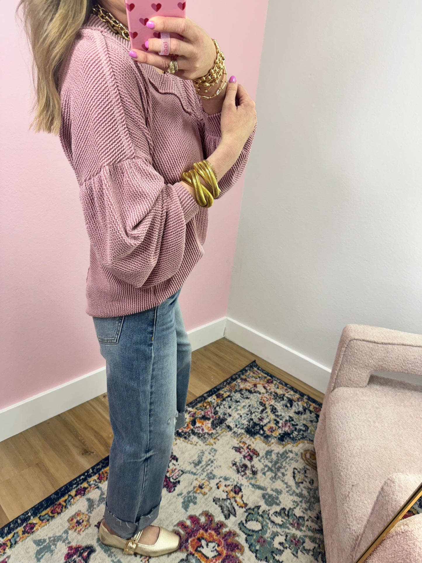 Pink Ribbed Balloon Sleeve Top
