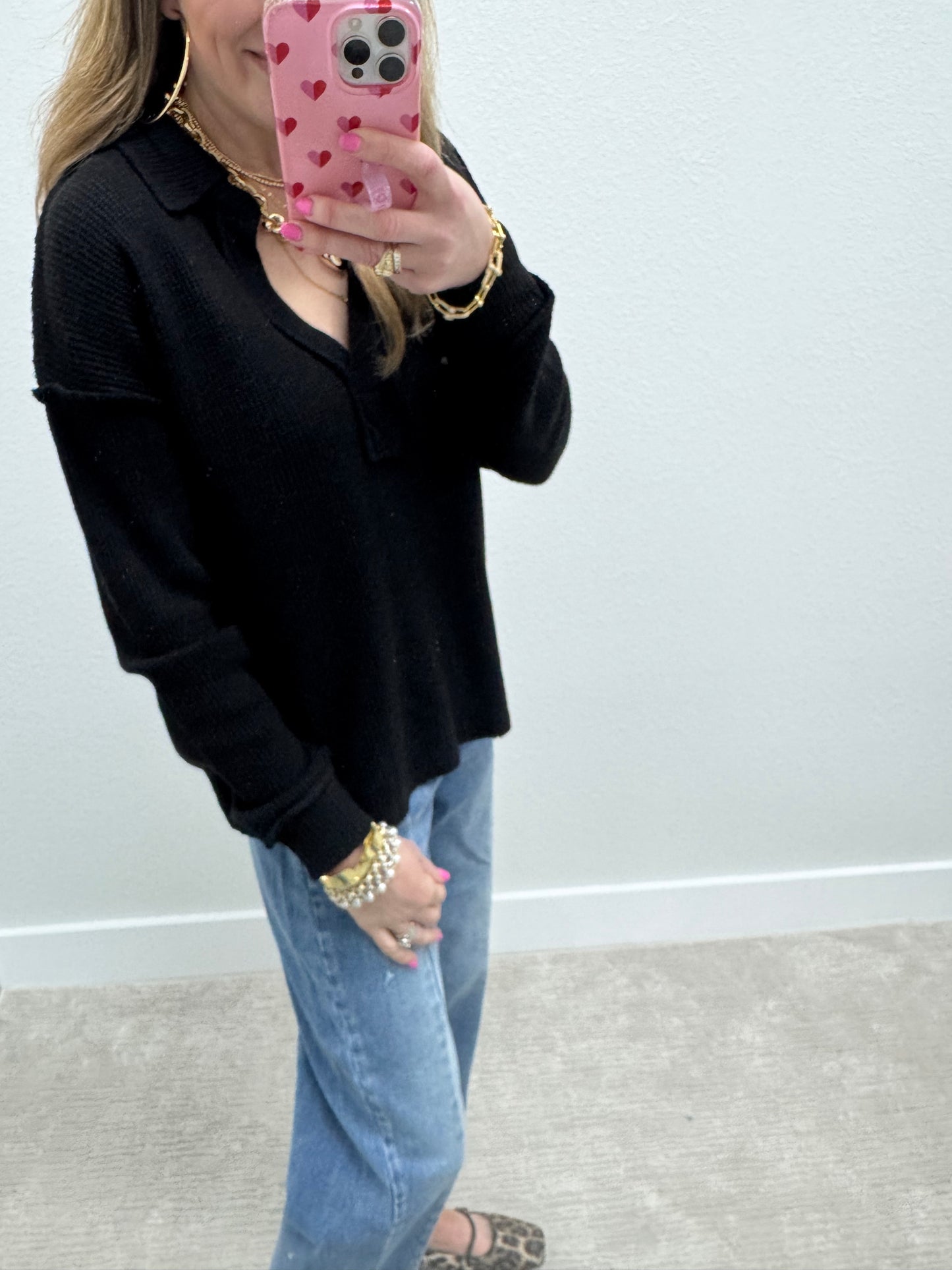 Black Collared Exposed Hem Long Sleeve FS