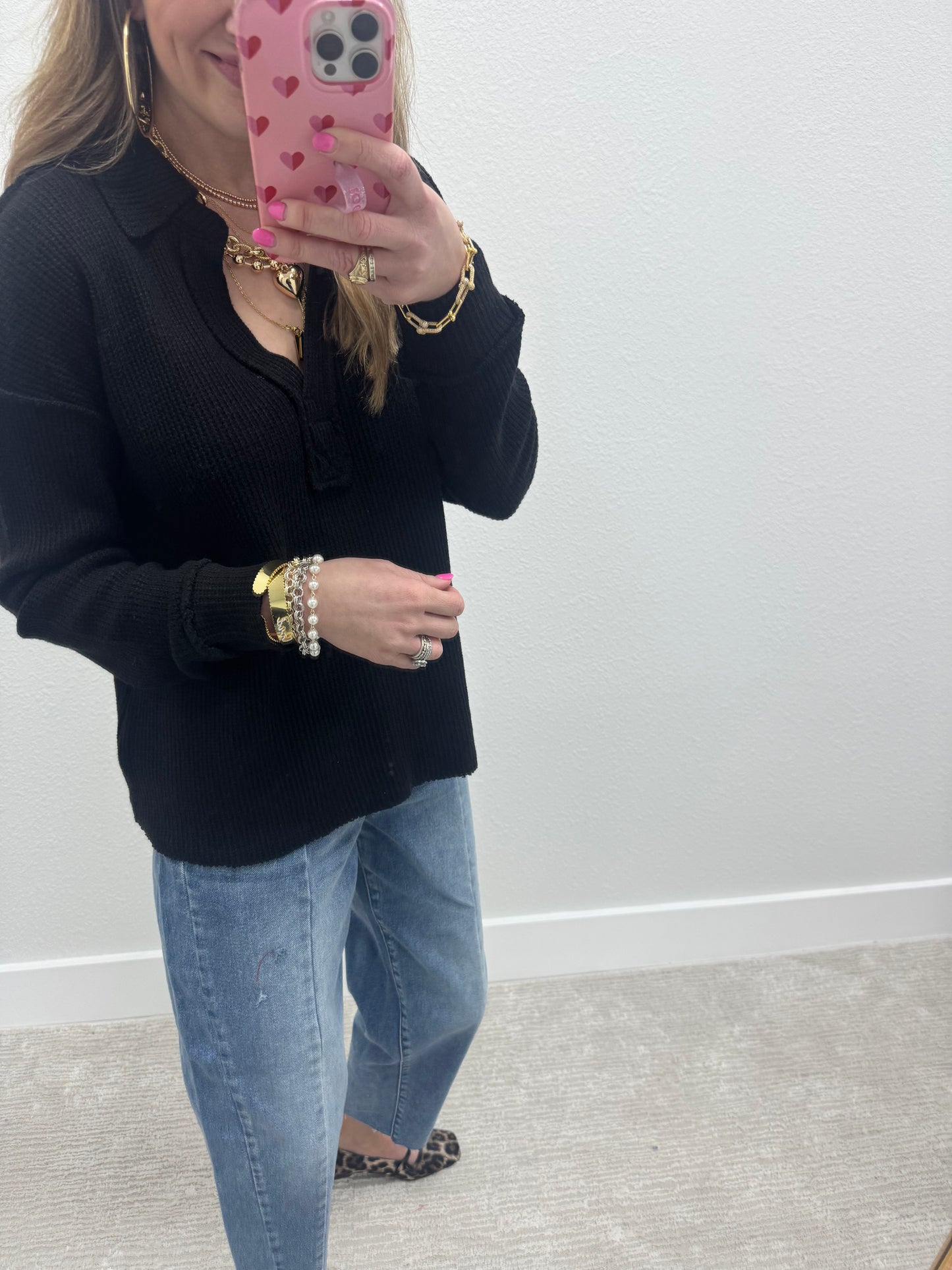 Black Collared Exposed Hem Long Sleeve FS