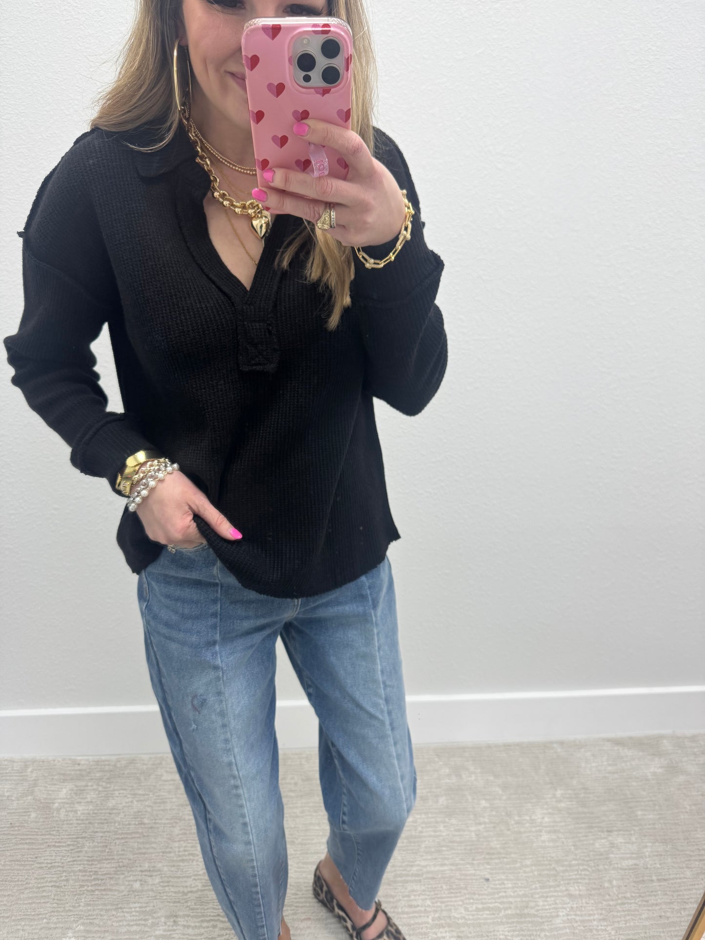 Black Collared Exposed Hem Long Sleeve FS