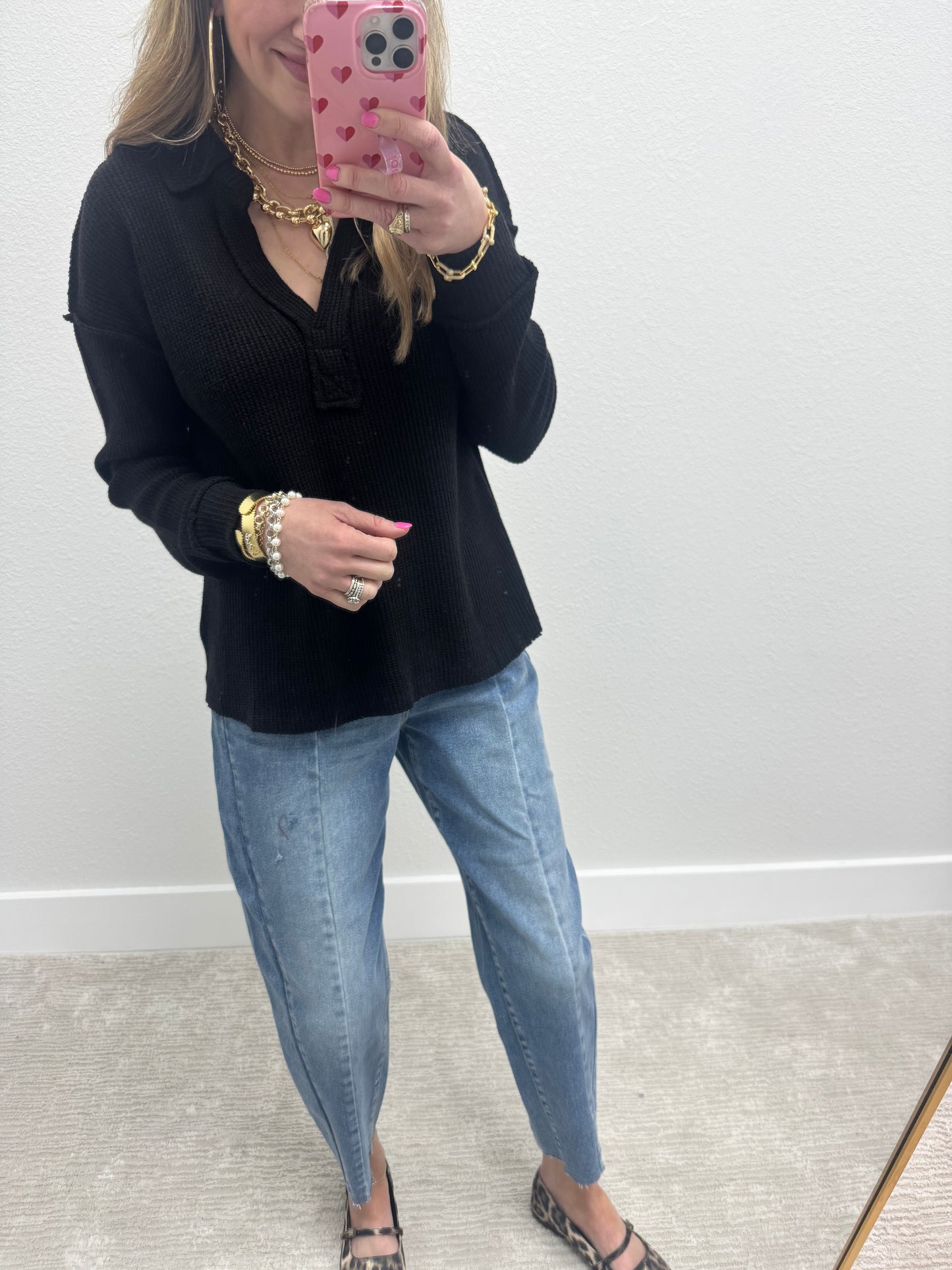Black Collared Exposed Hem Long Sleeve FS