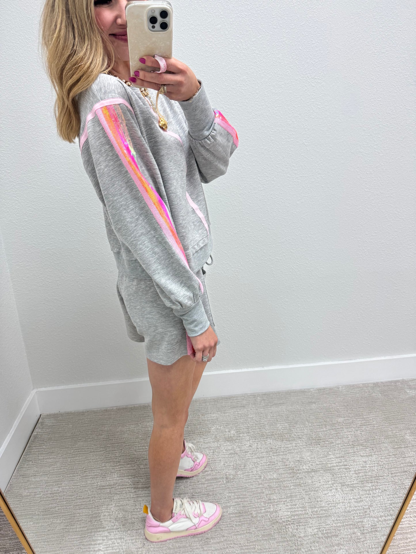 Grey Sequin Stripe Scuba Short Set