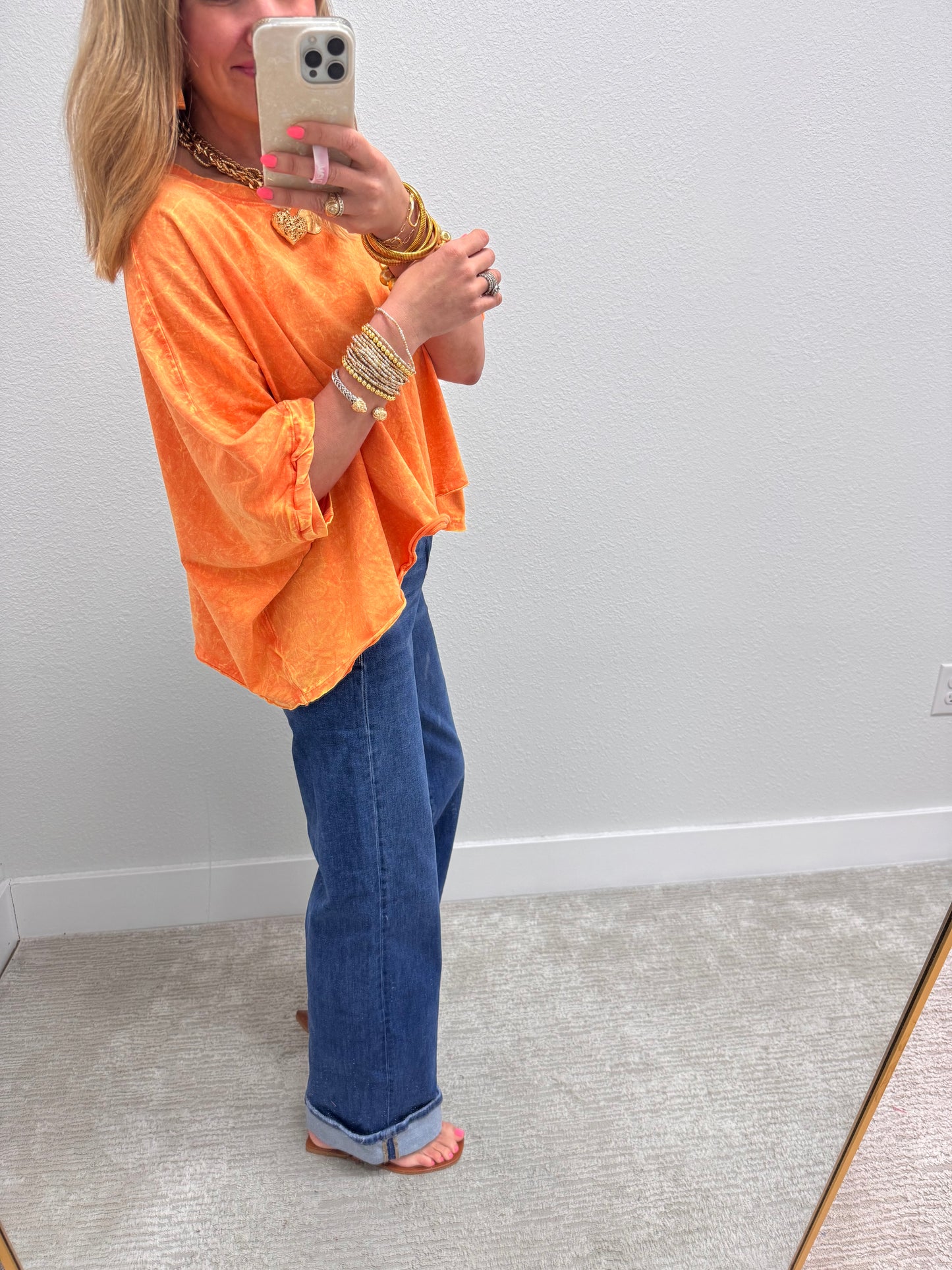 Mineral Washed Orange Oversized Round Neck Box Tee