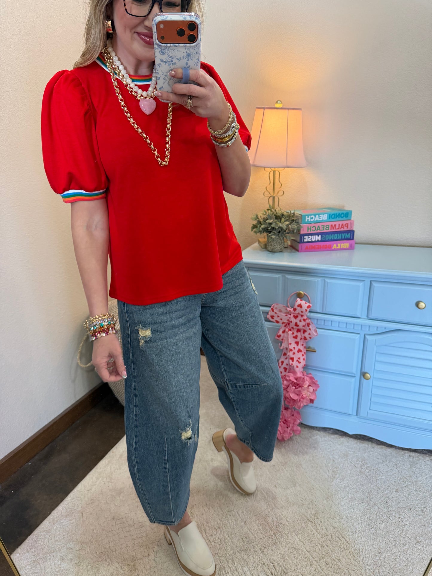 Scuba Tomato Red Colorful Round Neck Detail Top