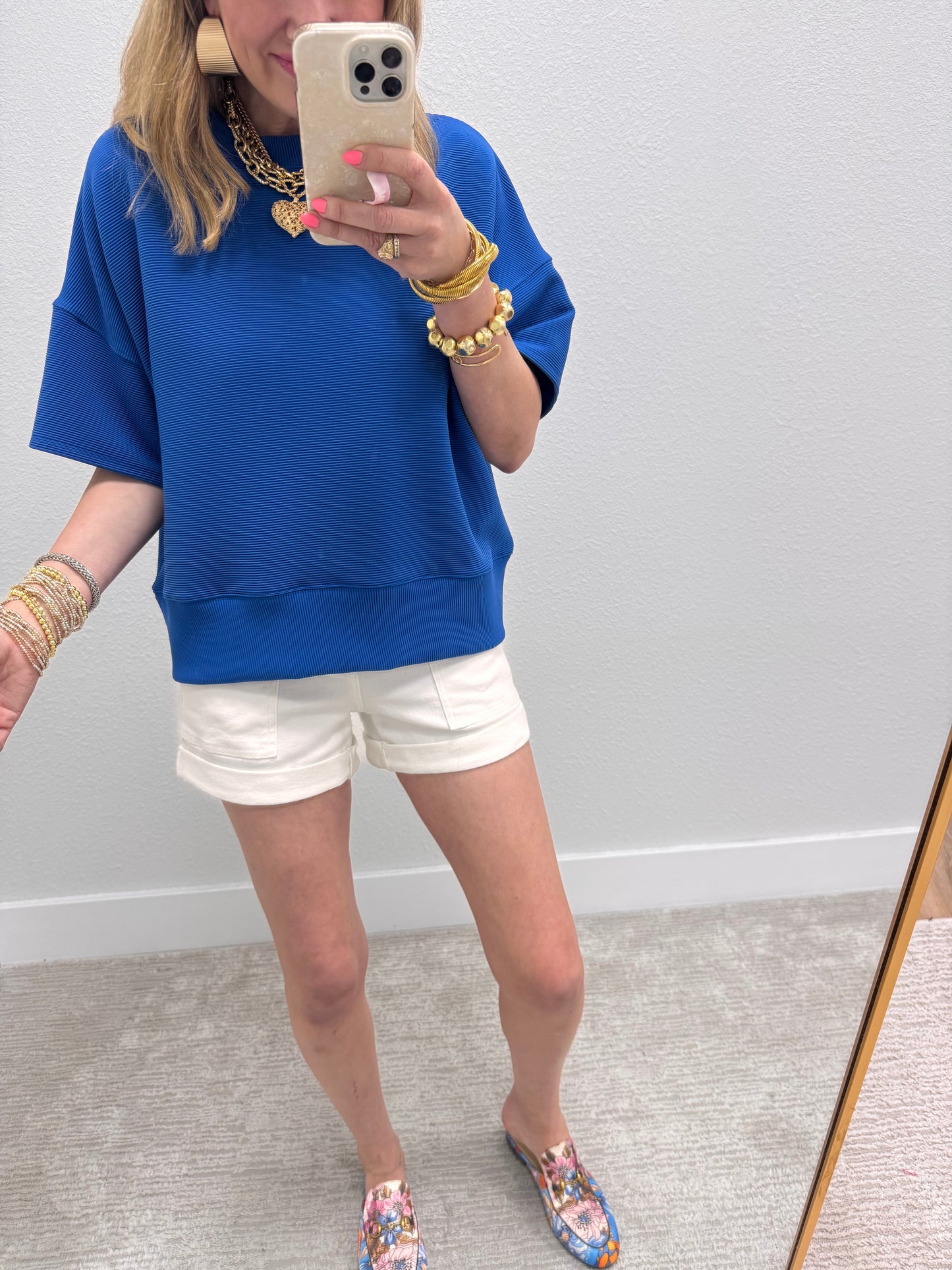 Royal Blue Ribbed Band Bottom Half Sleeve Top FS