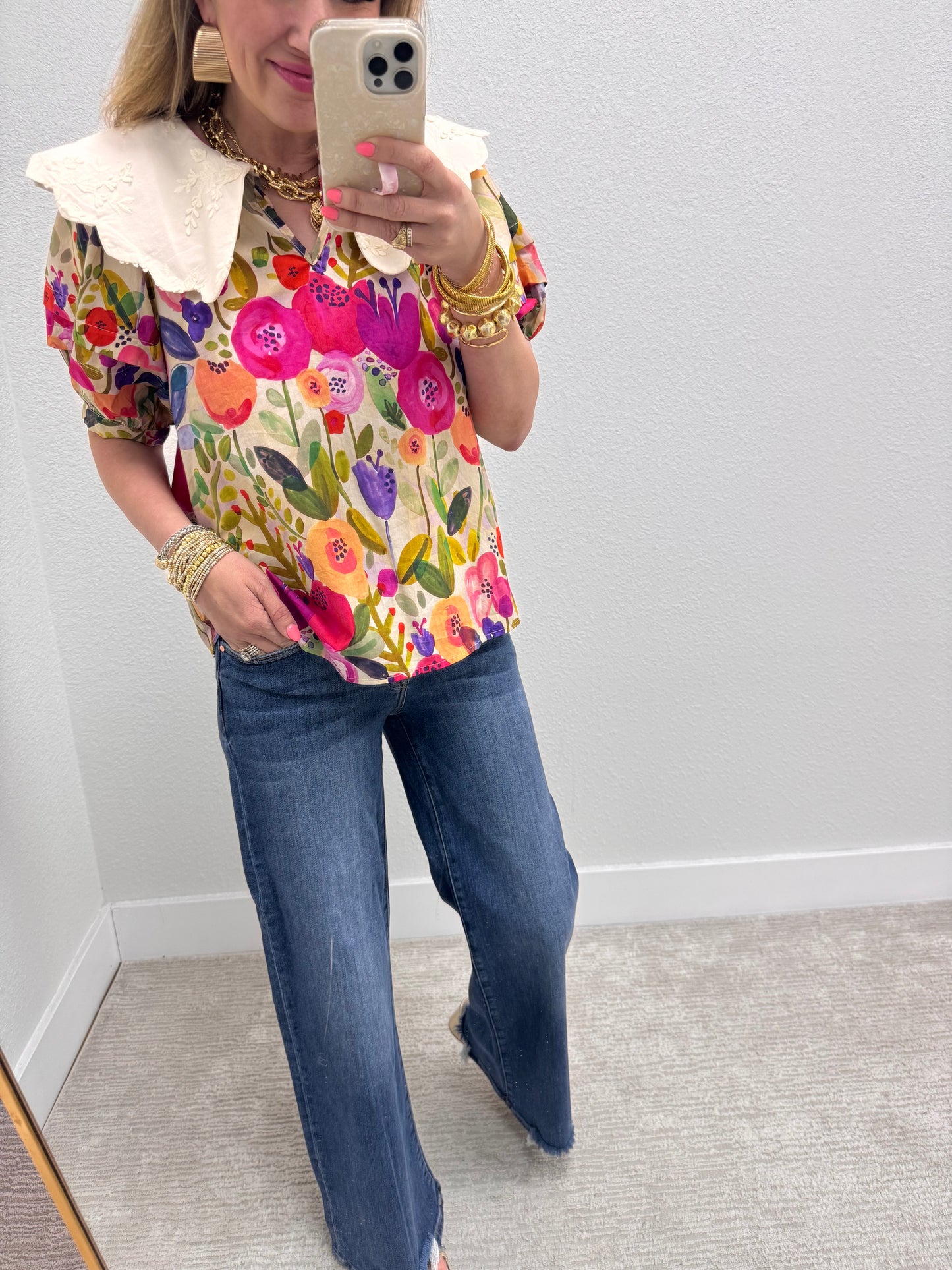 Multi Color Floral Collar Top