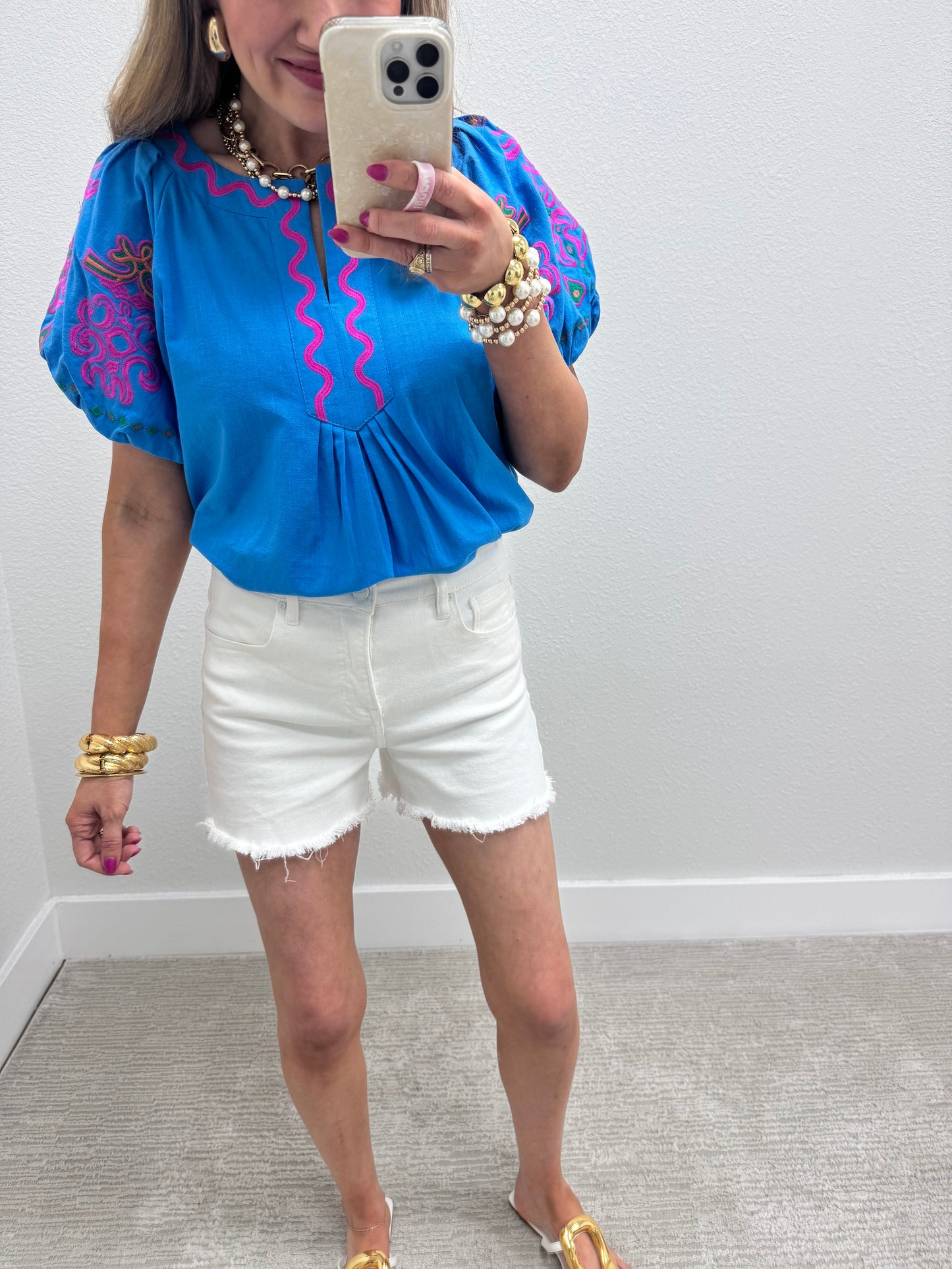 Blue Notch Neck Top with Embroidered Puff Sleeves