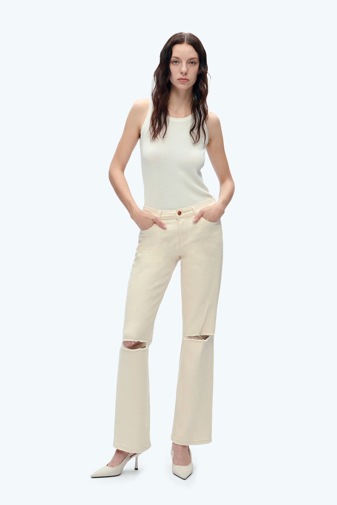 Natural Mid Rise Straight Jean With Distressed Knee FS
