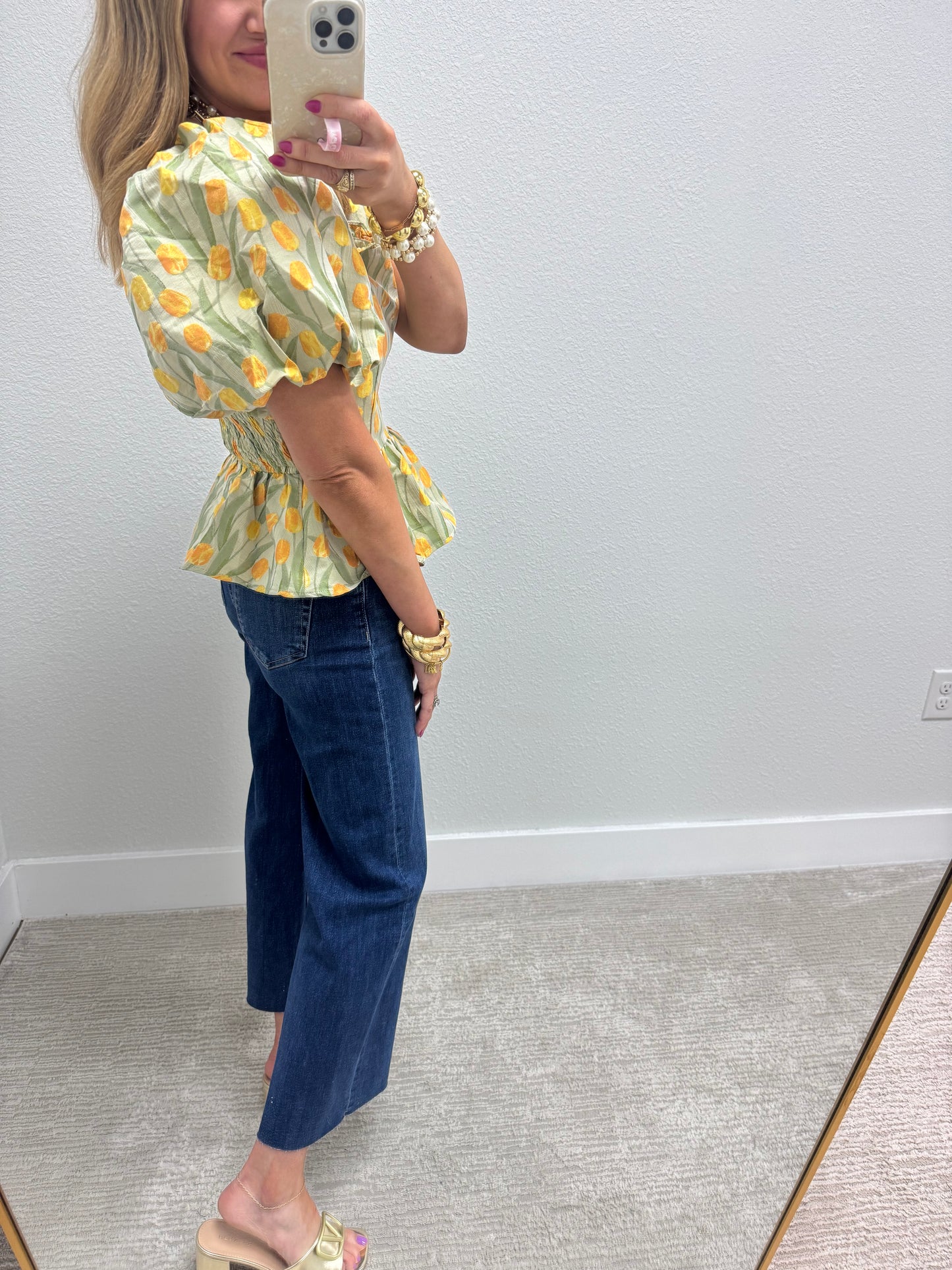 Floral Jacquard Peplum Top with Bubble Sleeve